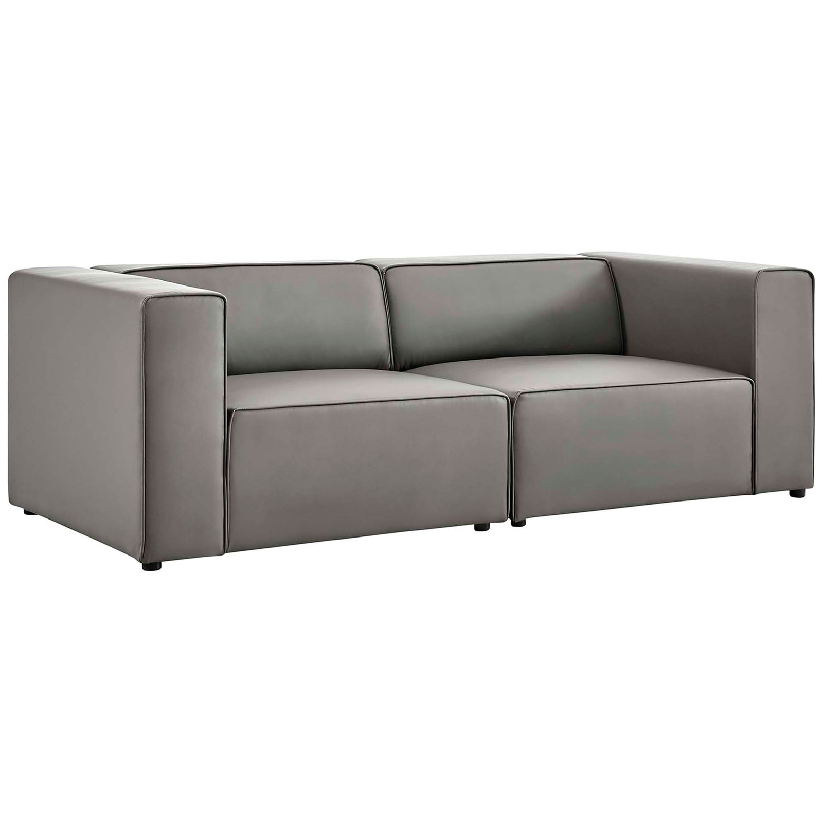 Modern gray vegan leather sectional loveseat with low arms and sleek tailored piping || EEI-4788-GRY || front_angle_studio