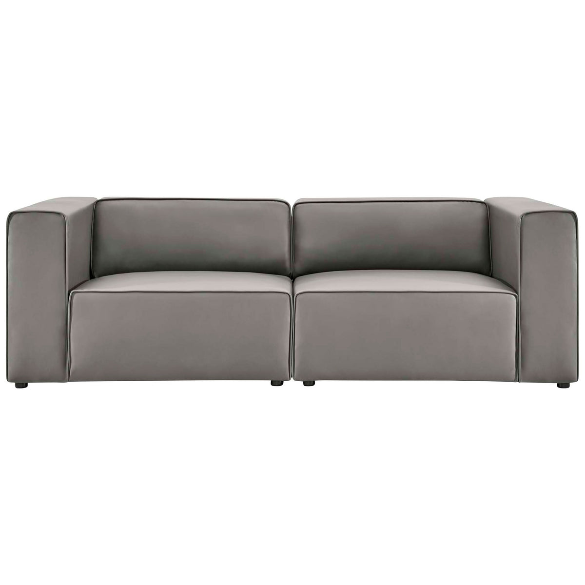 Gray vegan leather 2-piece loveseat with boxy profile and deep dual seat cushions || EEI-4788-GRY || front_studio