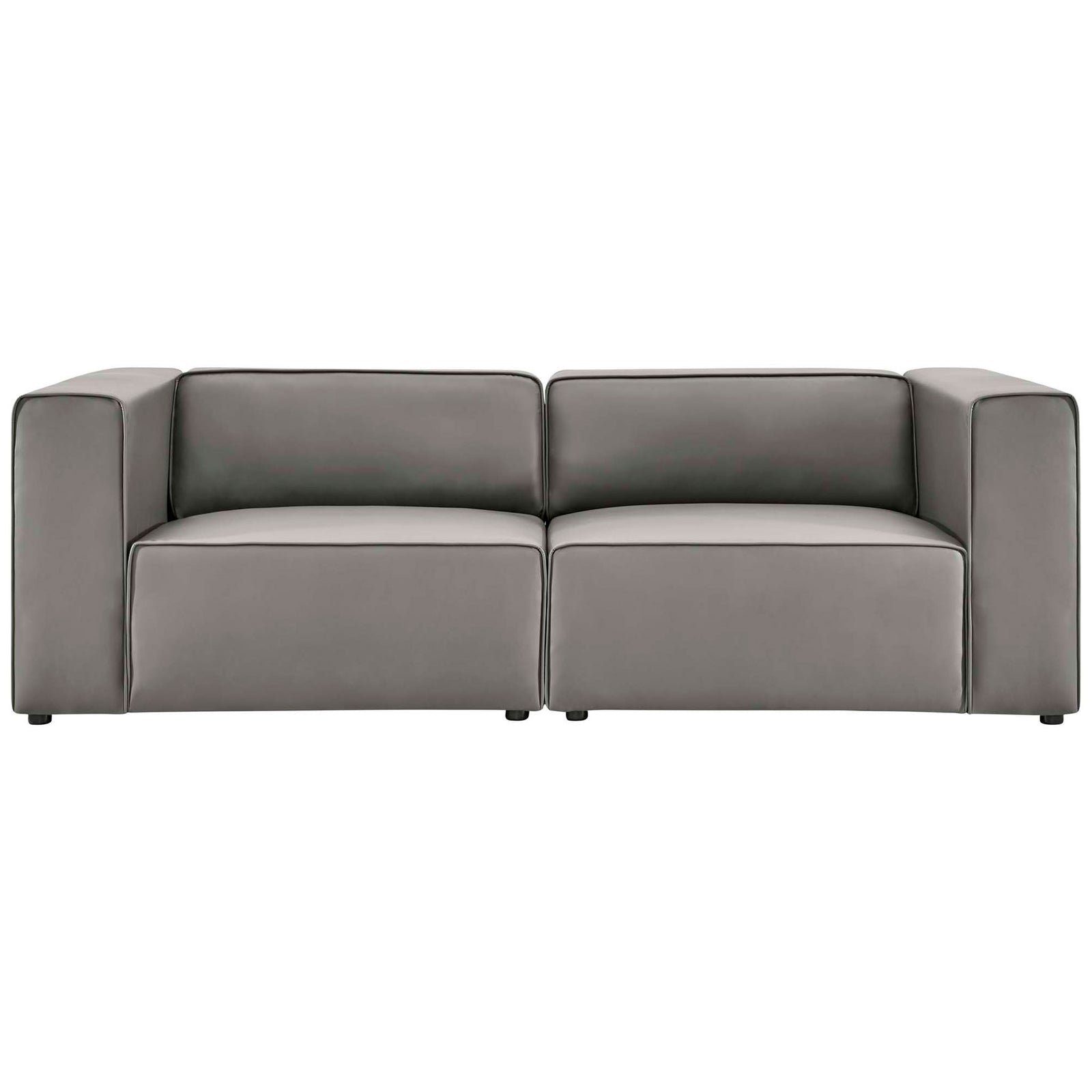 Gray vegan leather 2-piece loveseat with boxy profile and deep dual seat cushions || EEI-4788-GRY || front_studio