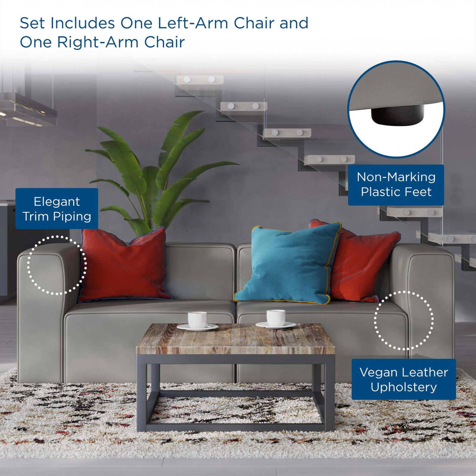 Gray vegan leather loveseat highlighting trim piping, non-marking feet, and plush cushions in a modern lounge || EEI-4788-GRY || callout_room