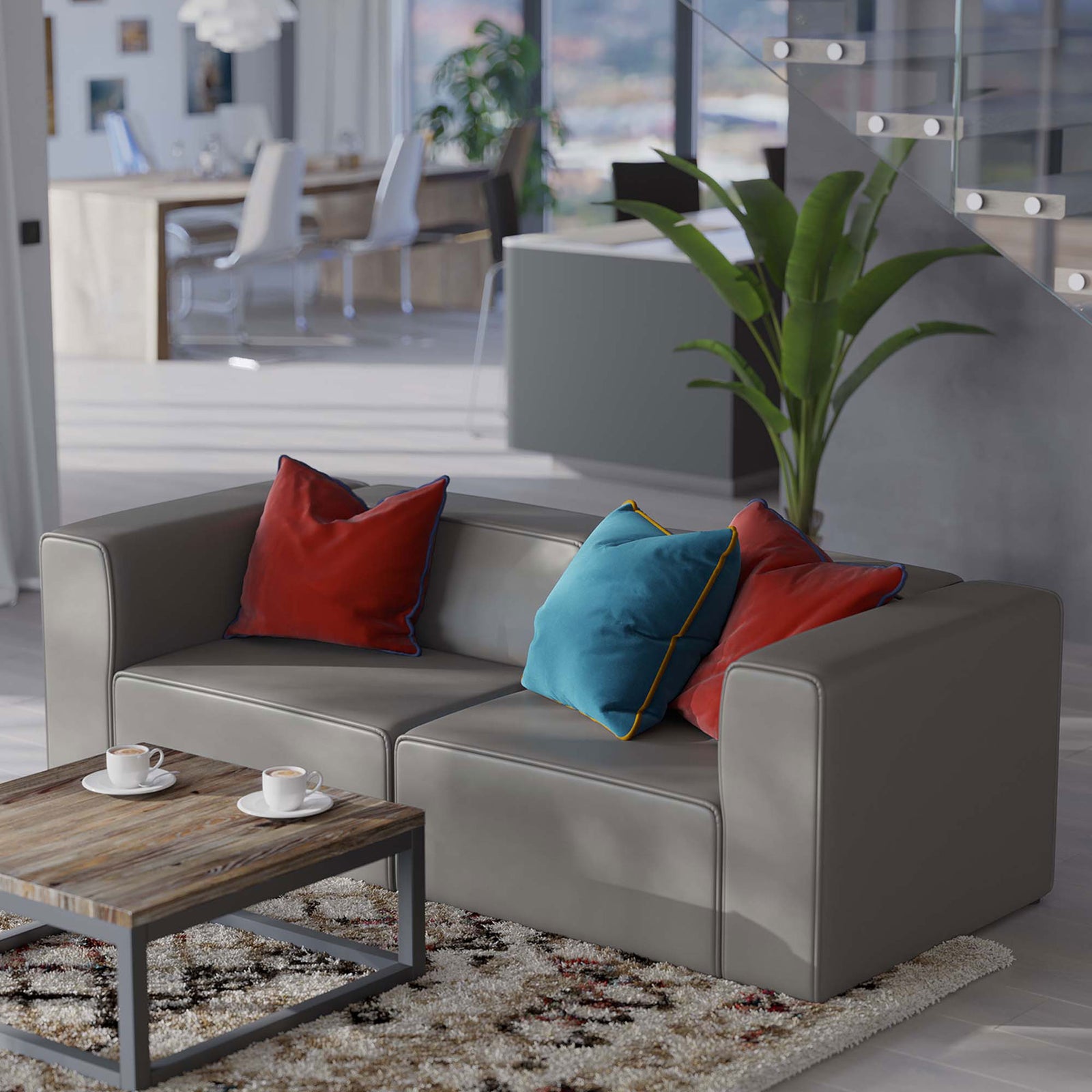 Gray vegan leather loveseat paired with a rustic coffee table and shag rug in an open-concept loft || EEI-4788-GRY || front_angle_room