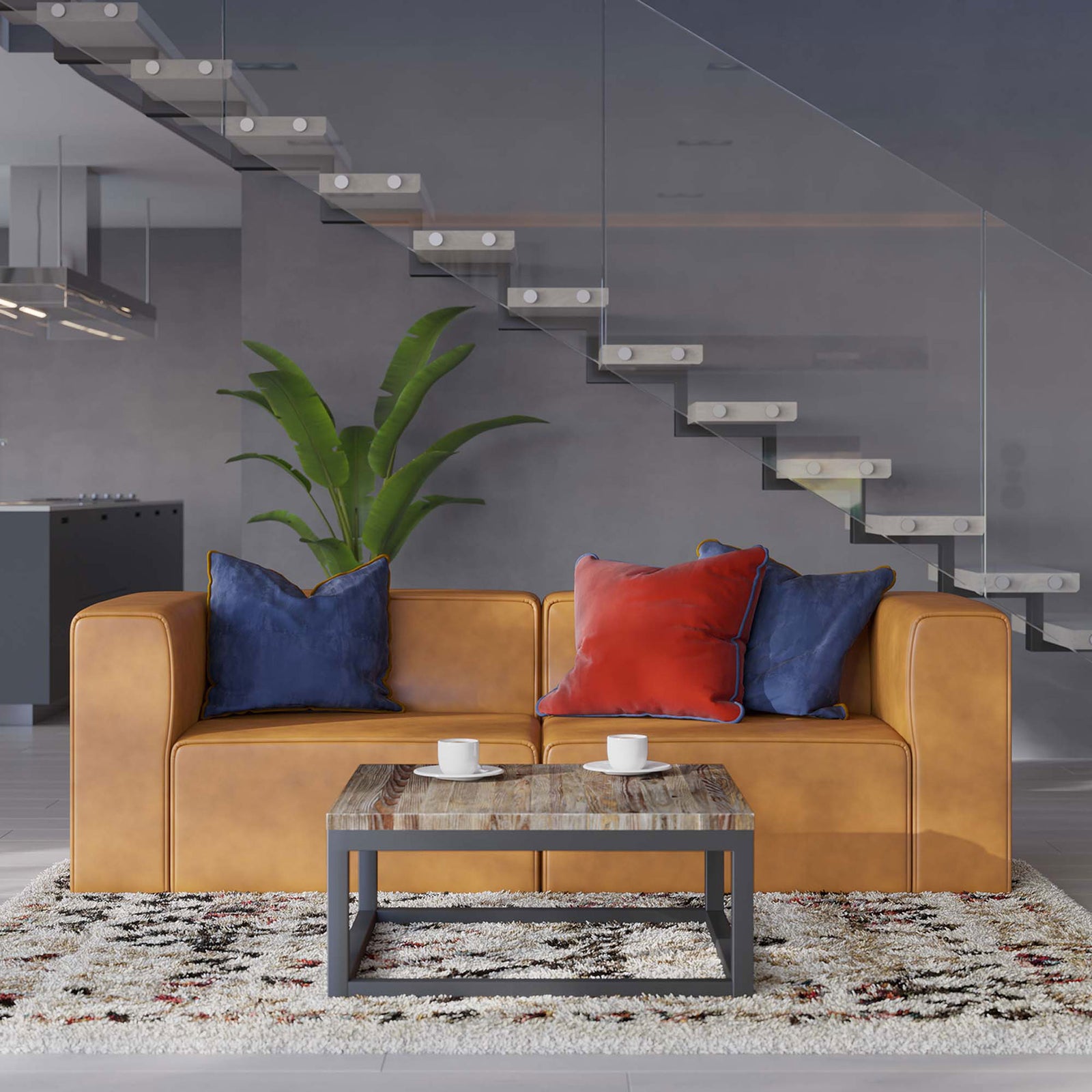 Tan vegan leather loveseat centered on a textured rug with sleek metal coffee table and greenery under floating stairs || EEI-4788-TAN || front_room