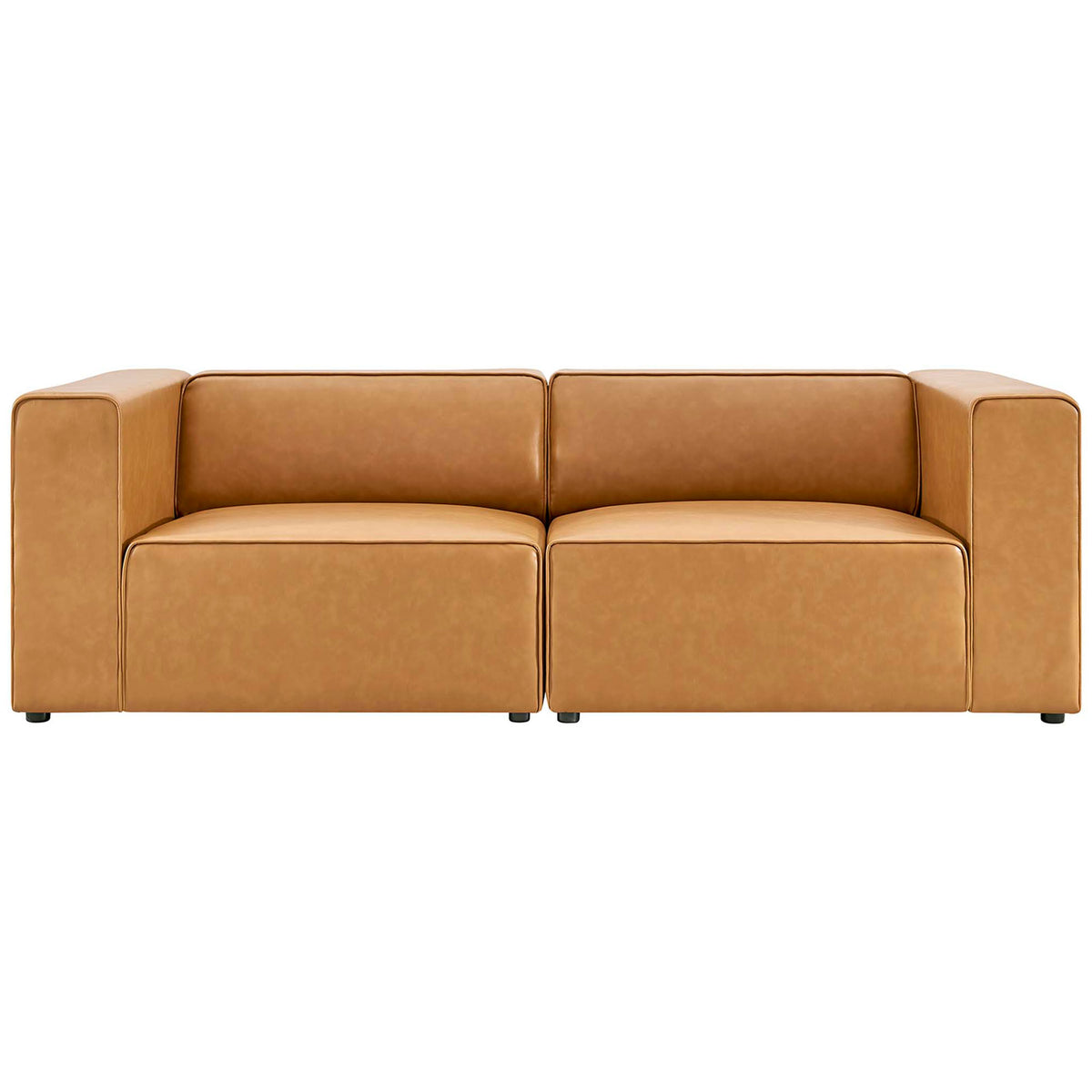 Modern tan vegan leather loveseat featuring clean lines, low profile design, and smooth block-style seat cushions || EEI-4788-TAN || front_studio