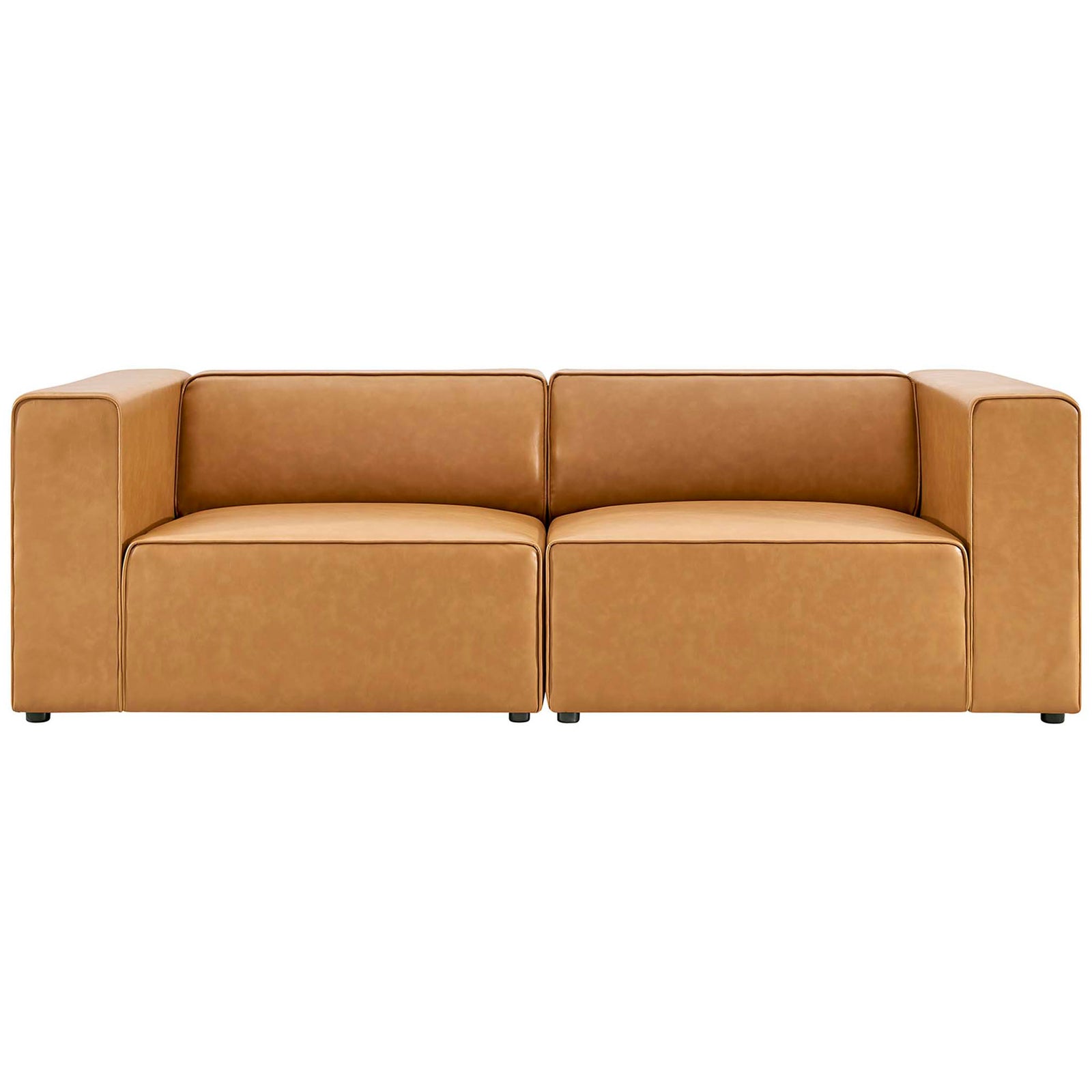 Modern tan vegan leather loveseat featuring clean lines, low profile design, and smooth block-style seat cushions || EEI-4788-TAN || front_studio