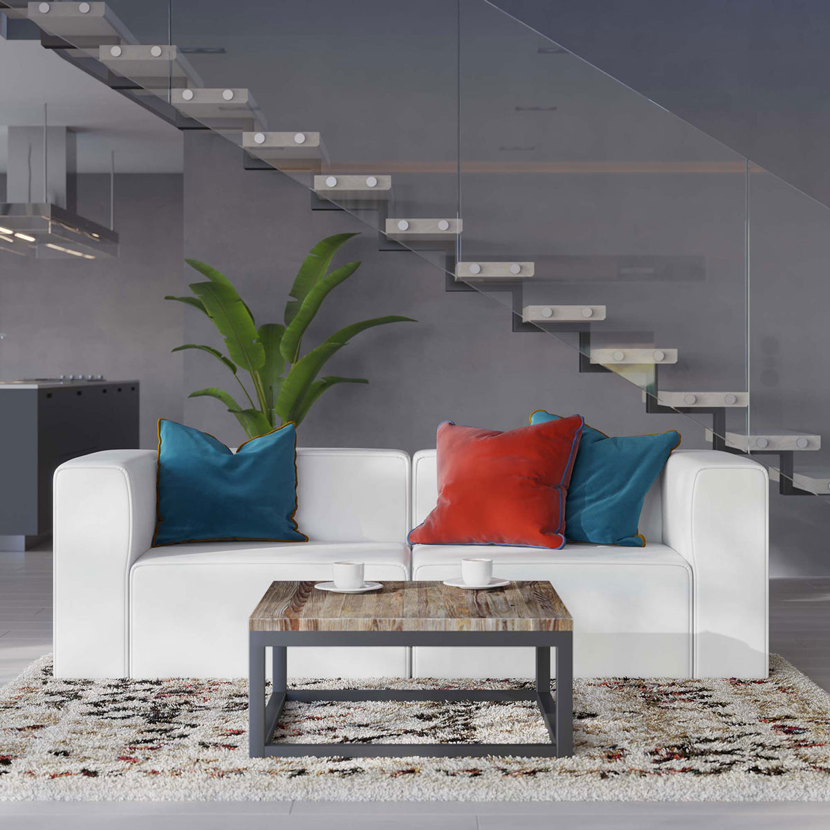 White vegan leather loveseat styled in a modern living room with colorful accent pillows || EEI-4788-WHI || front_room
