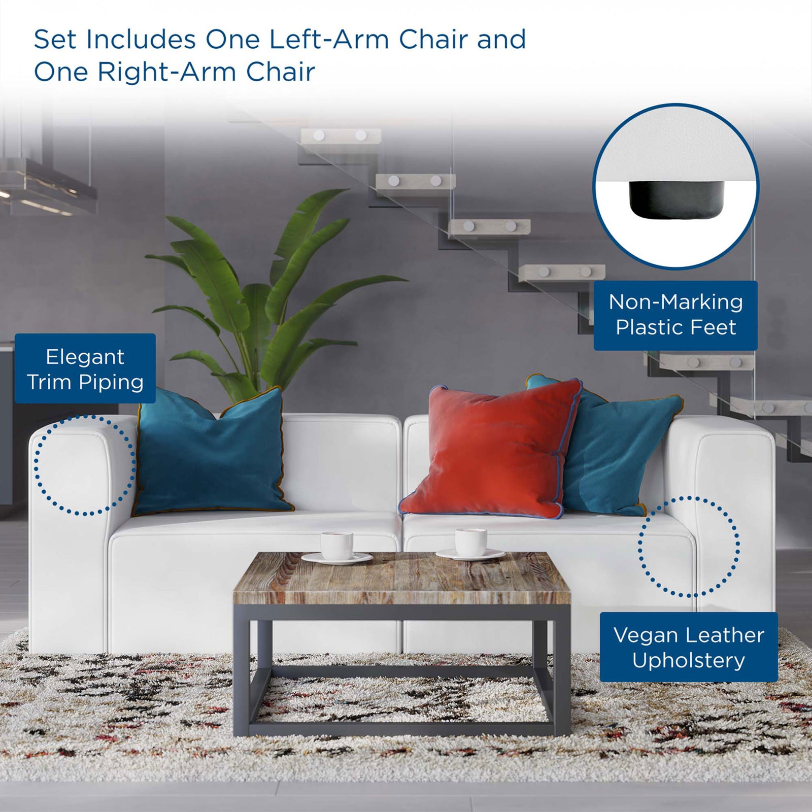 Features of white vegan leather loveseat including trim piping, vegan leather, and non-marking feet || EEI-4788-WHI || callout_room
