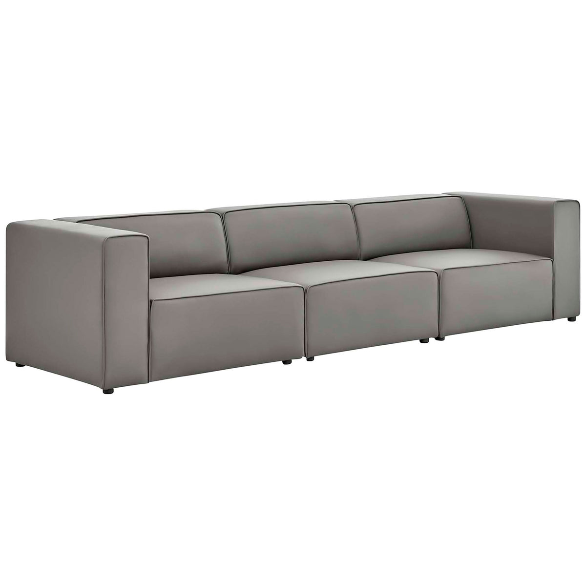 Gray vegan leather three-seat sectional with low block arms and tailored modern silhouette || EEI-4789-GRY || front_angle_studio