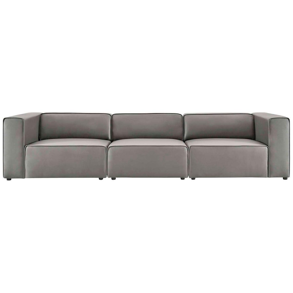 Streamlined gray vegan leather sectional sofa with wide bench seats and neat accent piping || EEI-4789-GRY || front_studio