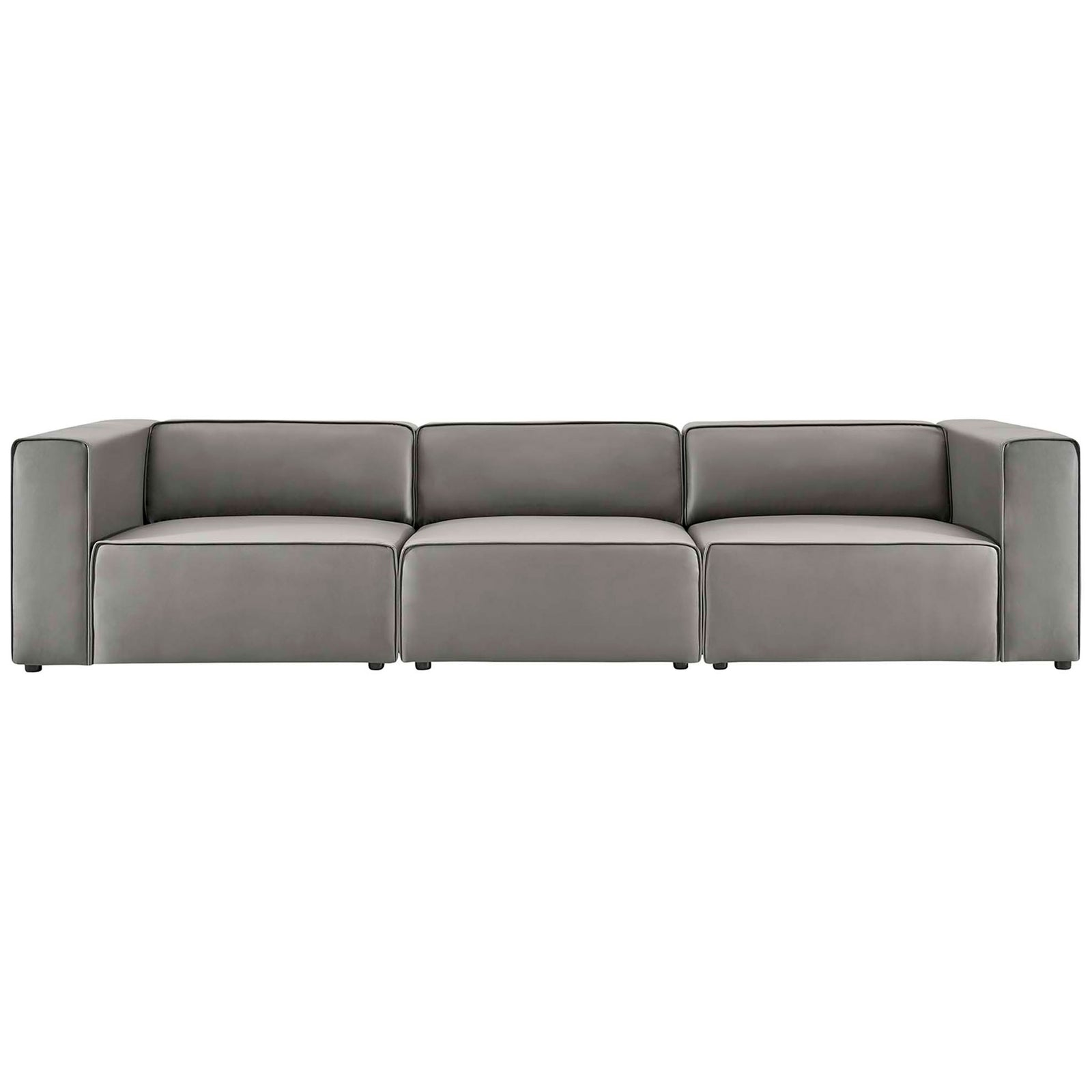 Streamlined gray vegan leather sectional sofa with wide bench seats and neat accent piping || EEI-4789-GRY || front_studio