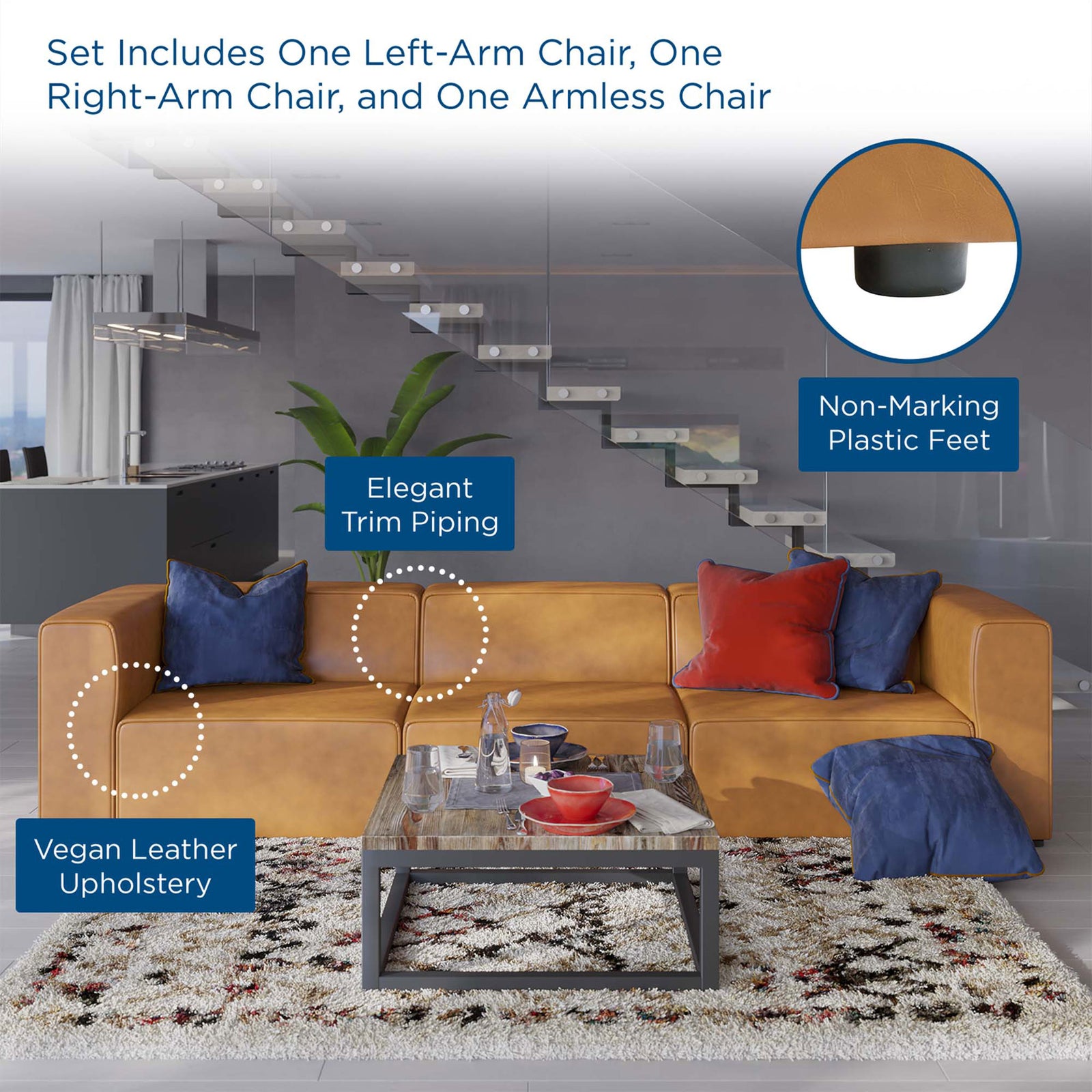 Contemporary living room scene highlights the Mingle tan vegan leather sectional with feature details labeled. || EEI-4789-TAN || callout_room