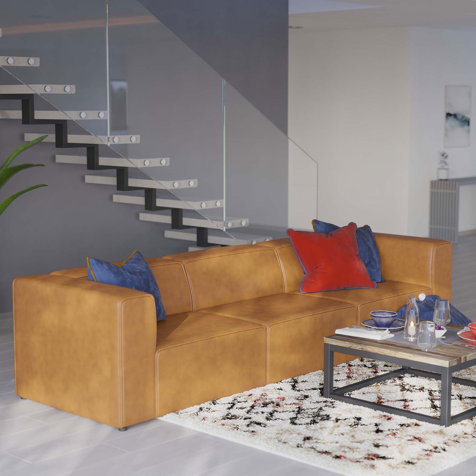 Mingle tan vegan leather sectional anchors a modern open-concept living room with generous seating. || EEI-4789-TAN || front_angle_room