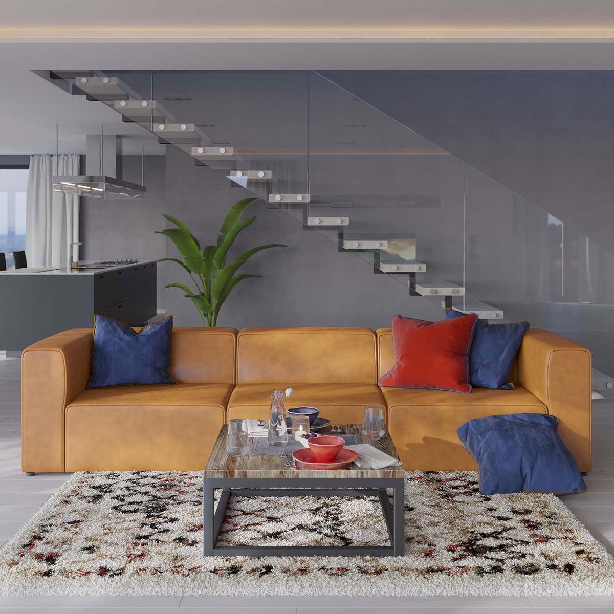 Inviting Mingle tan vegan leather sectional styled with colorful pillows creates a cozy social gathering space. || EEI-4789-TAN || front_room