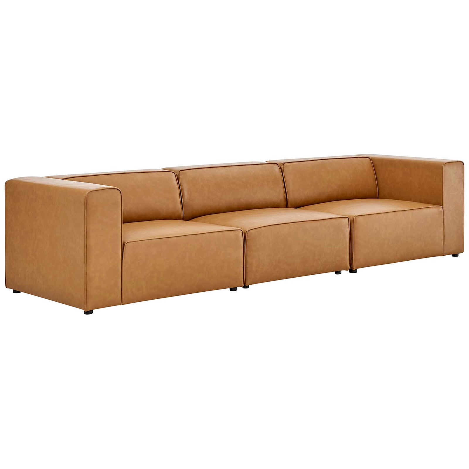 Three-piece Mingle tan vegan leather sectional offers generous bench seating and clean modern lines. || EEI-4789-TAN || front_angle_studio