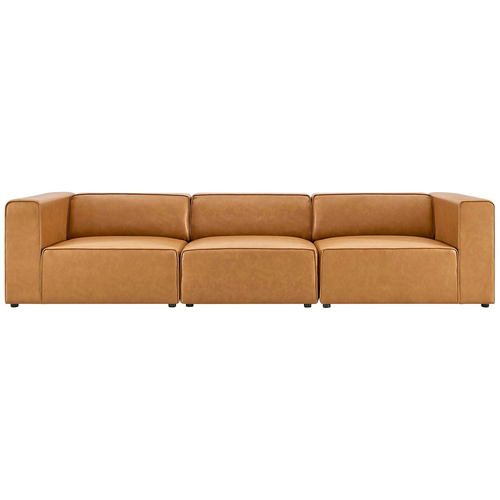 Mingle tan vegan leather sectional features supportive foam cushions and a streamlined low-profile silhouette. || EEI-4789-TAN || front_studio