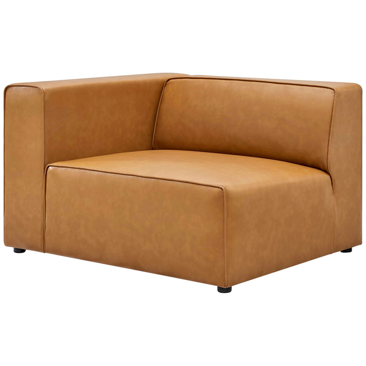 Modular Mingle tan vegan leather left-arm seat adds lounge-worthy comfort to the sectional. || EEI-4789-TAN || front_angle_partial_studio