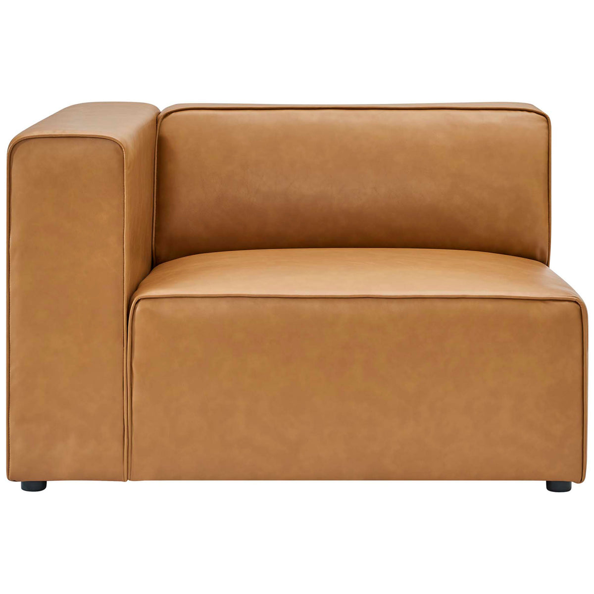Spacious left-arm Mingle chair in tan vegan leather invites relaxed lounging on deep cushioning. || EEI-4789-TAN || front_partial_studio