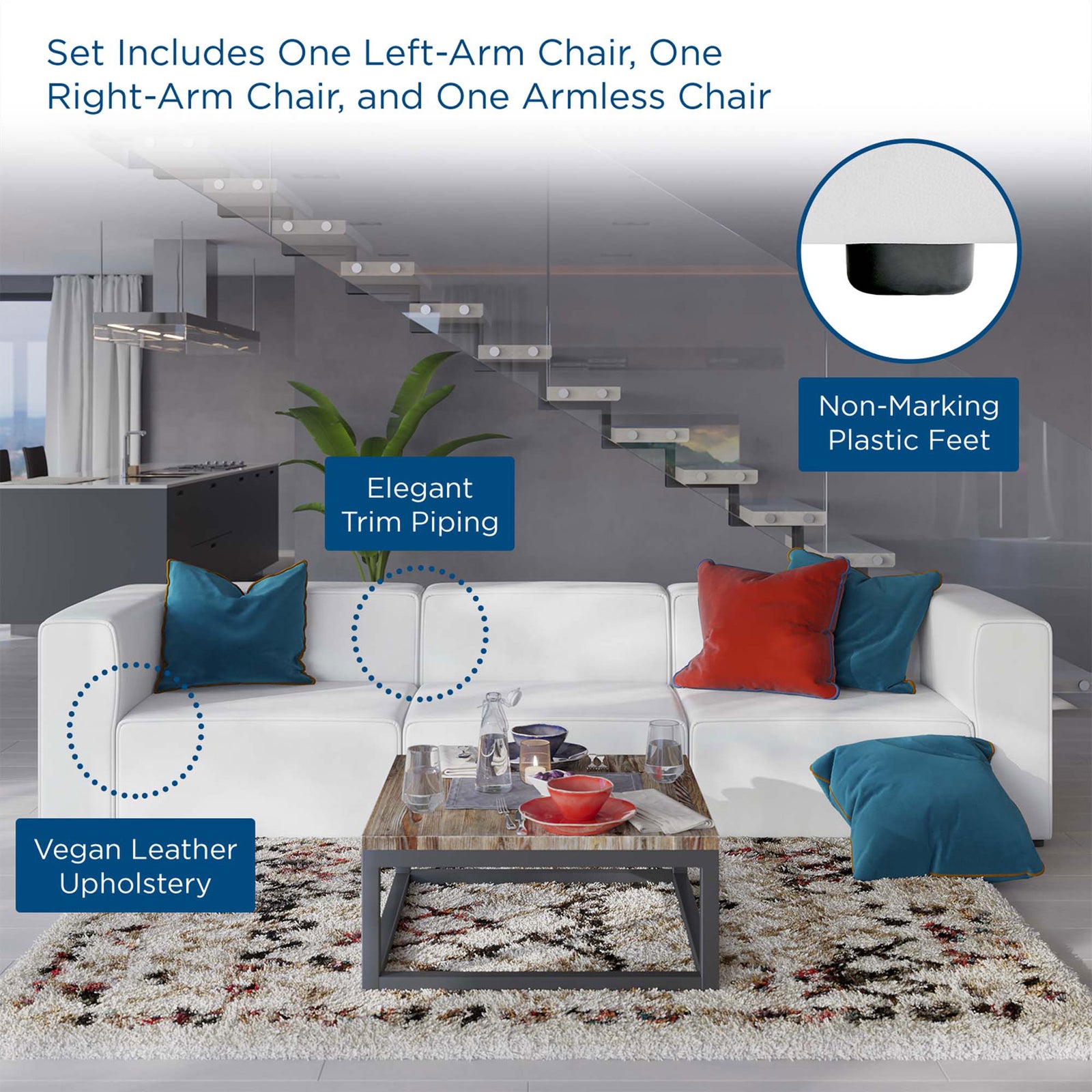 White Mingle sectional styled in a modern living room with colorful pillows and cozy rug accents || EEI-4789-WHI || callout_room
