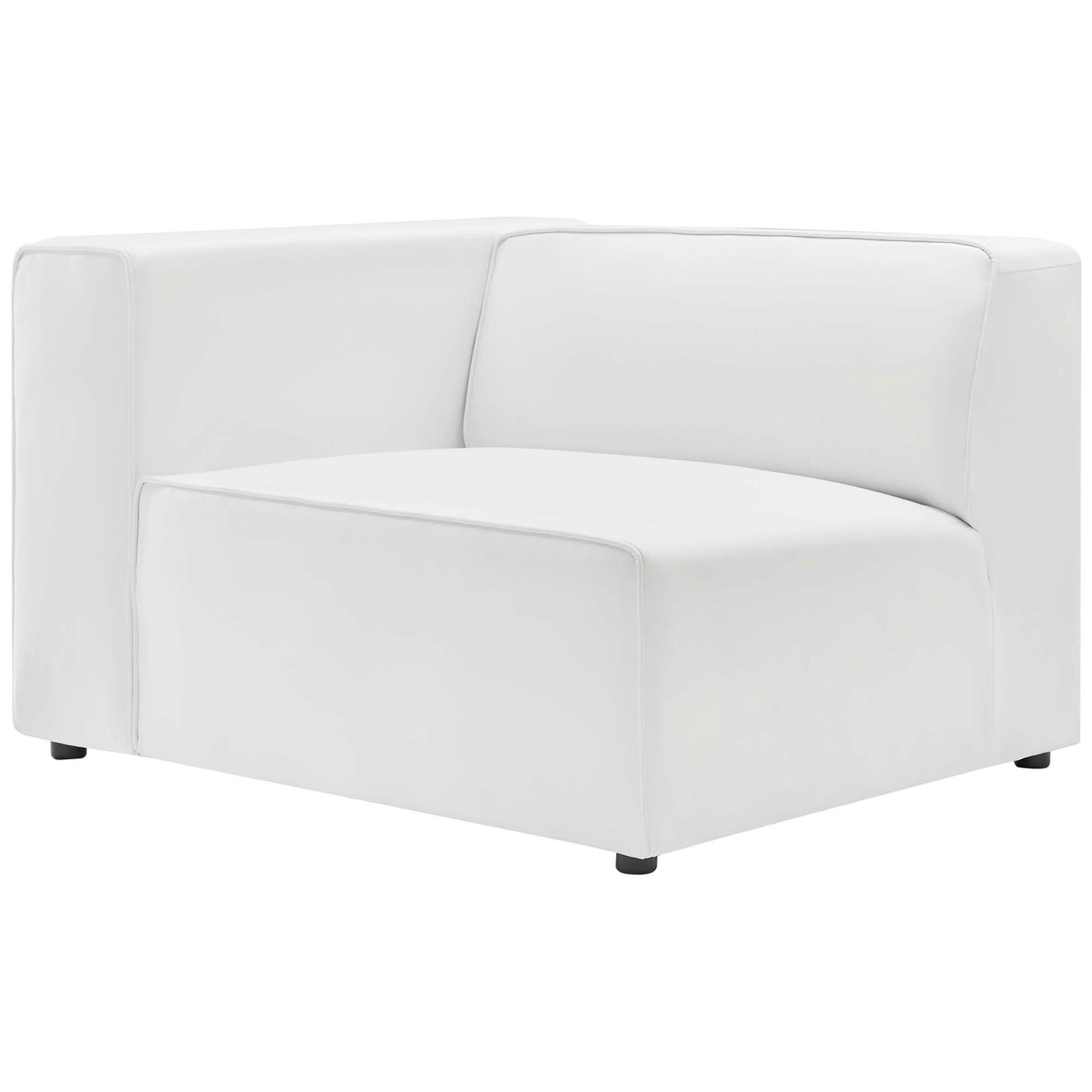 Cozy corner sectional seat in white vegan leather with tailored piping and lounge-depth cushion || EEI-4789-WHI || front_angle_partial_studio