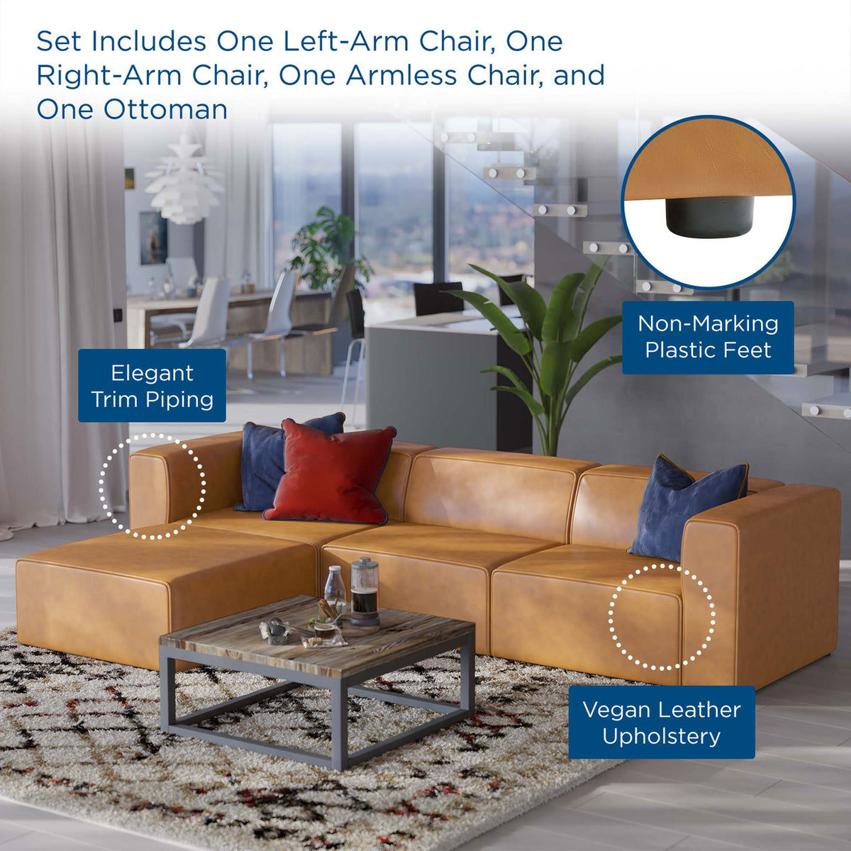 Tan vegan leather Mingle sectional in a modern living room highlighting trim piping, soft cushions, and plastic feet || EEI-4790-TAN || callout_room