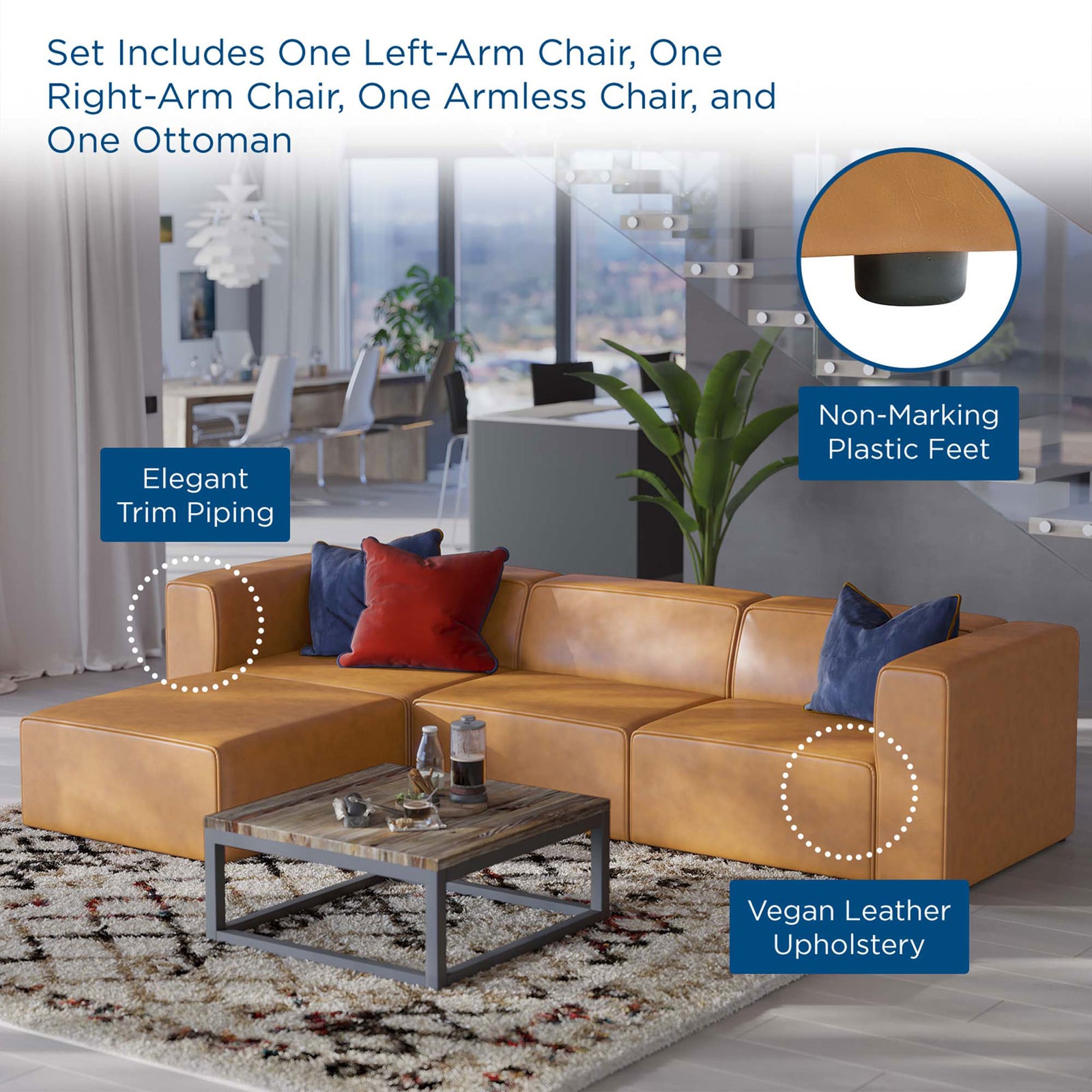 Tan vegan leather Mingle sectional in a modern living room highlighting trim piping, soft cushions, and plastic feet || EEI-4790-TAN || callout_room