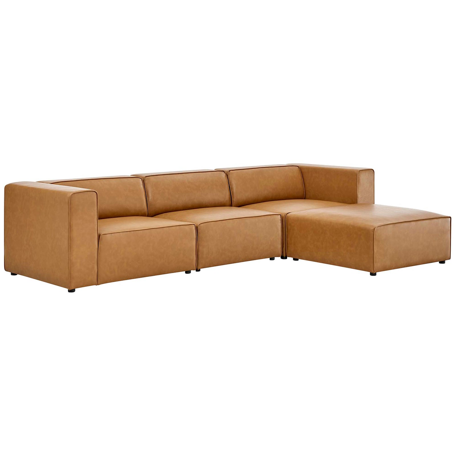 Tan vegan leather modular sofa and ottoman set with low-profile lines and generous lounge seating || EEI-4790-TAN || front_angle_studio