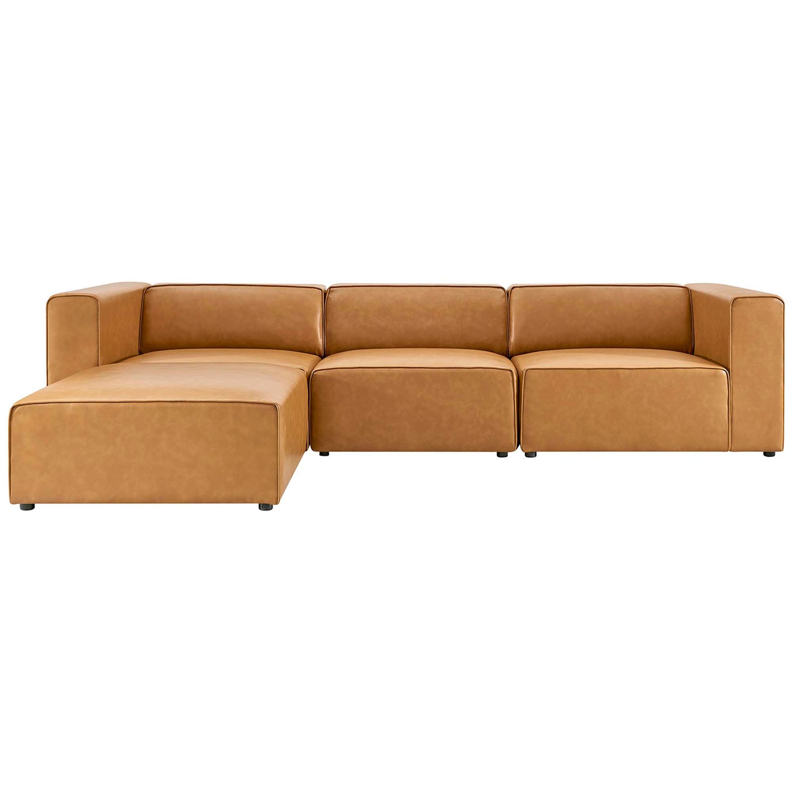 Spacious tan vegan leather sectional with wide chaise and boxy cushions for relaxed modern living rooms || EEI-4790-TAN || front_studio