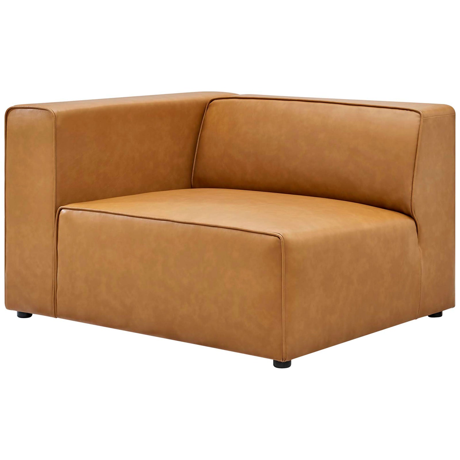 Tan vegan leather left-arm chair module with deep cushioning and smooth, tailored upholstery || EEI-4790-TAN || front_angle_partial_studio