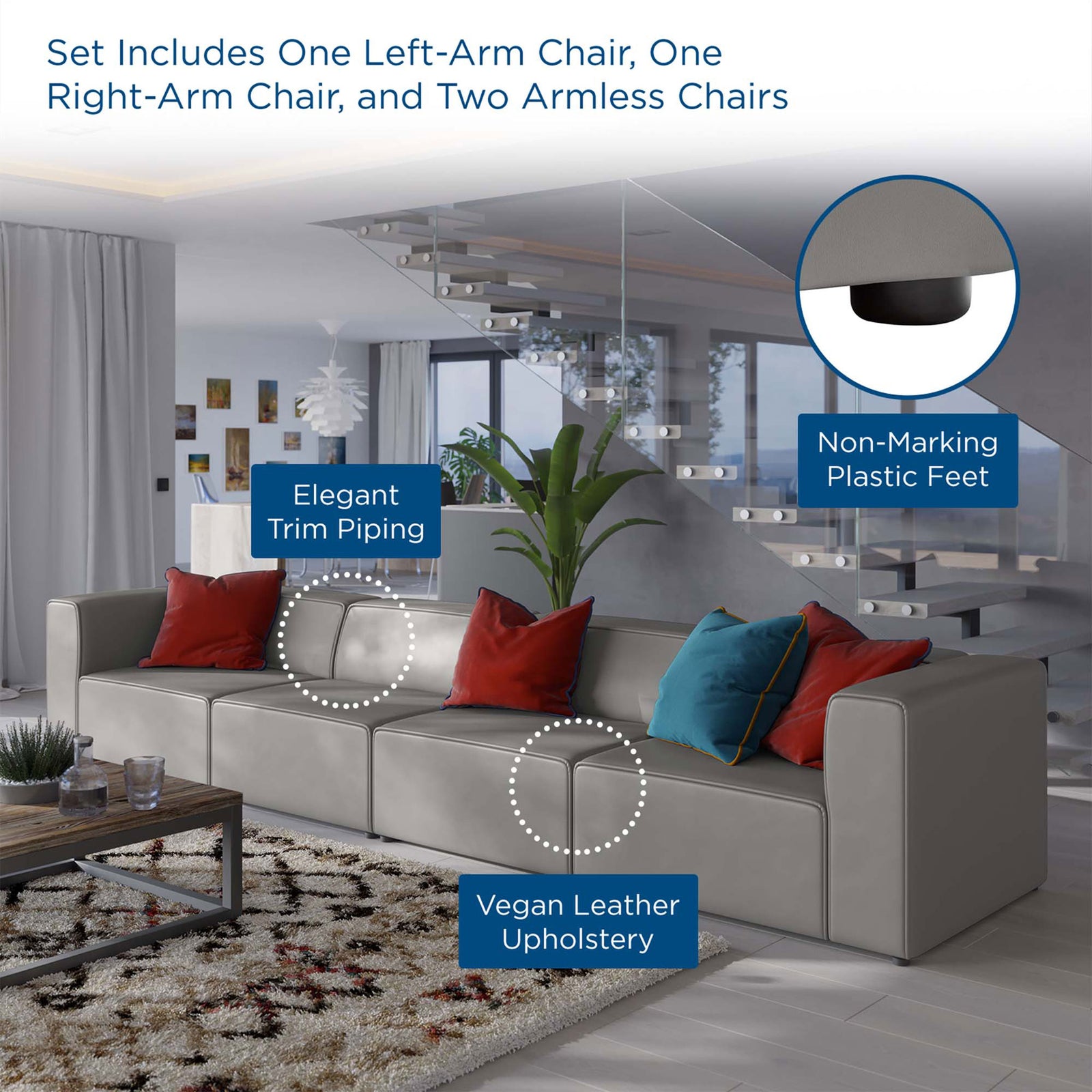 Feature graphic of the gray vegan leather sectional highlighting trim piping and non-marking feet || EEI-4793-GRY || callout_room