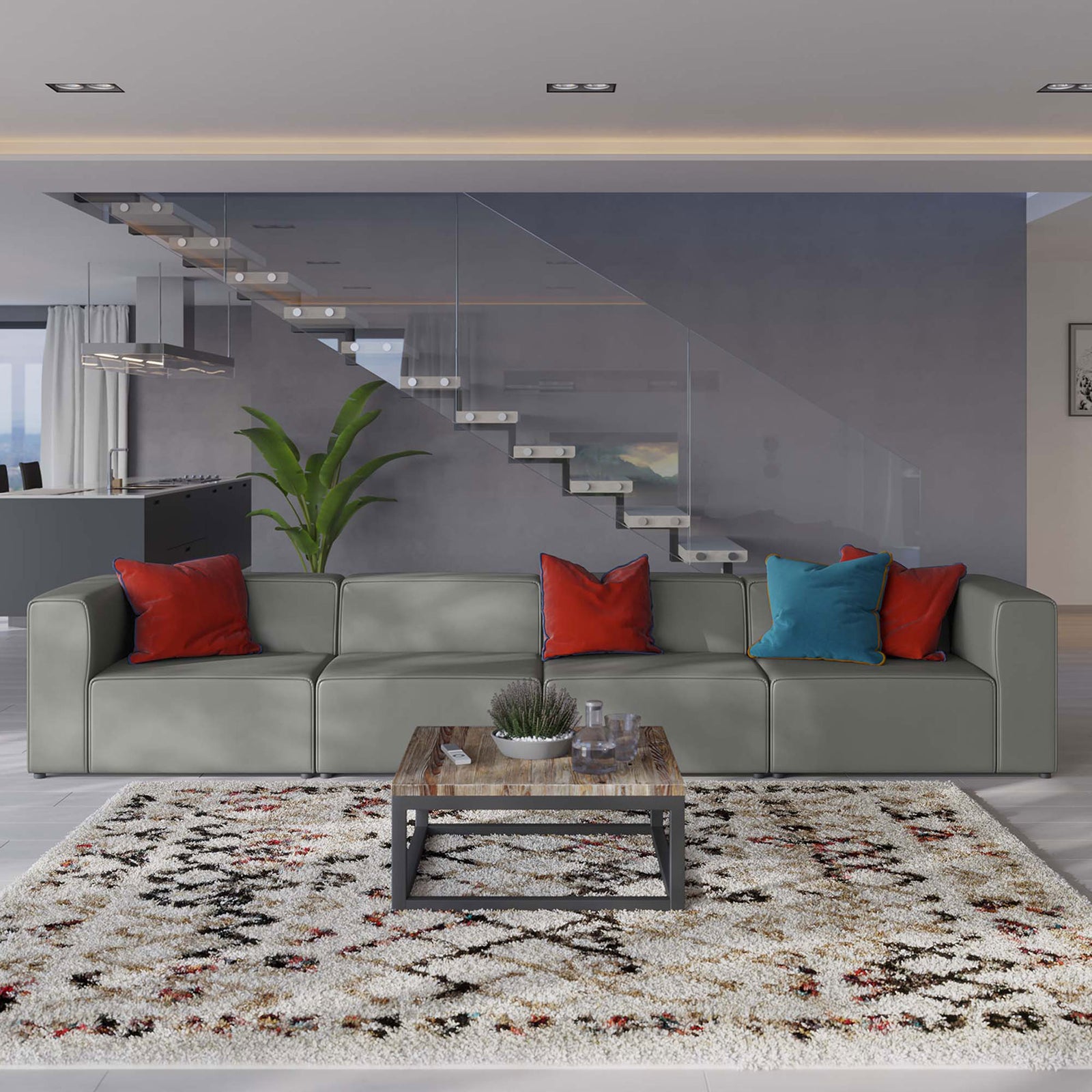 Gray vegan leather sectional sofa styled in a modern living room with colorful accent pillows || EEI-4793-GRY || front_angle_room