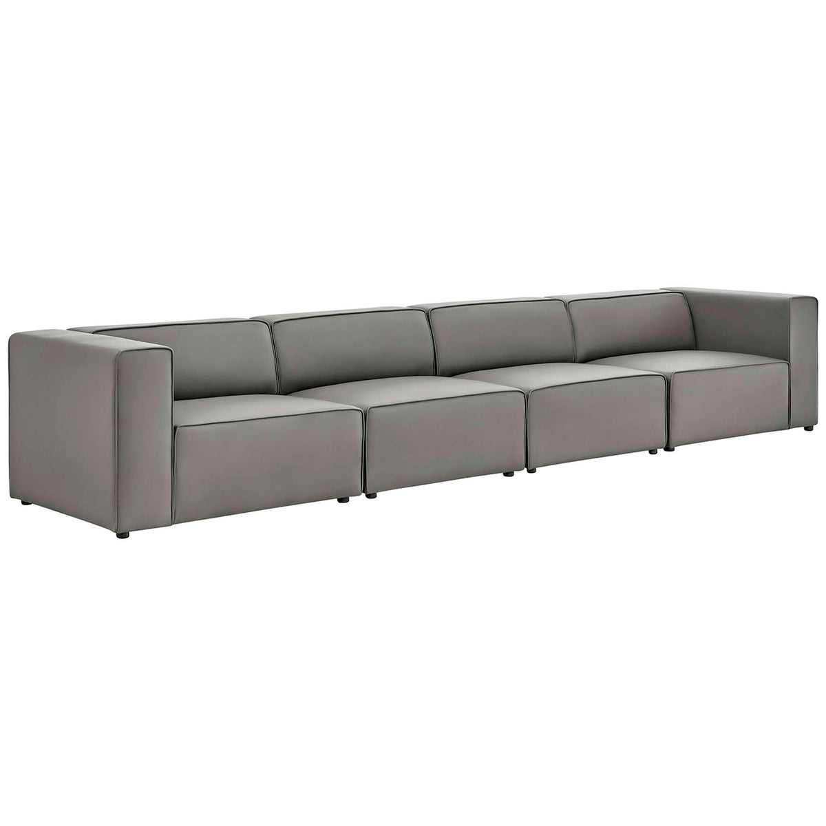 Long gray vegan leather sectional arranged as a streamlined four-seat sofa for modern living rooms || EEI-4793-GRY || front_angle_studio