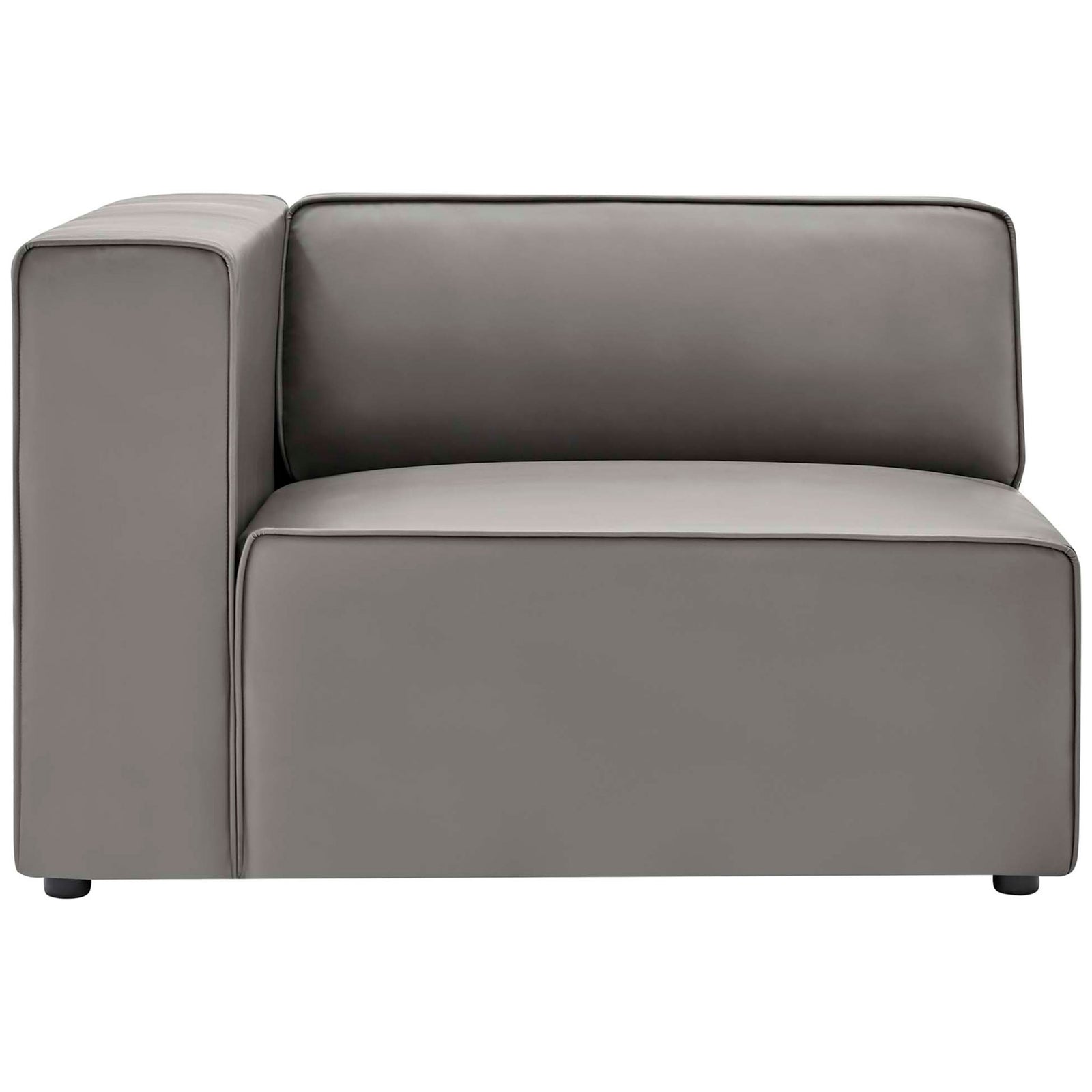Single gray sectional corner seat with thick vegan leather cushioning and tailored piping || EEI-4793-GRY || front_partial_studio