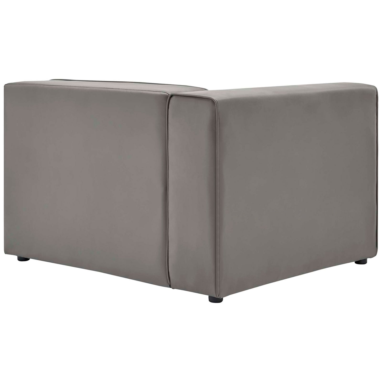 Back of the gray modular corner seat highlighting the smooth vegan leather upholstery and neat seams || EEI-4793-GRY || back_angle_partial_studio