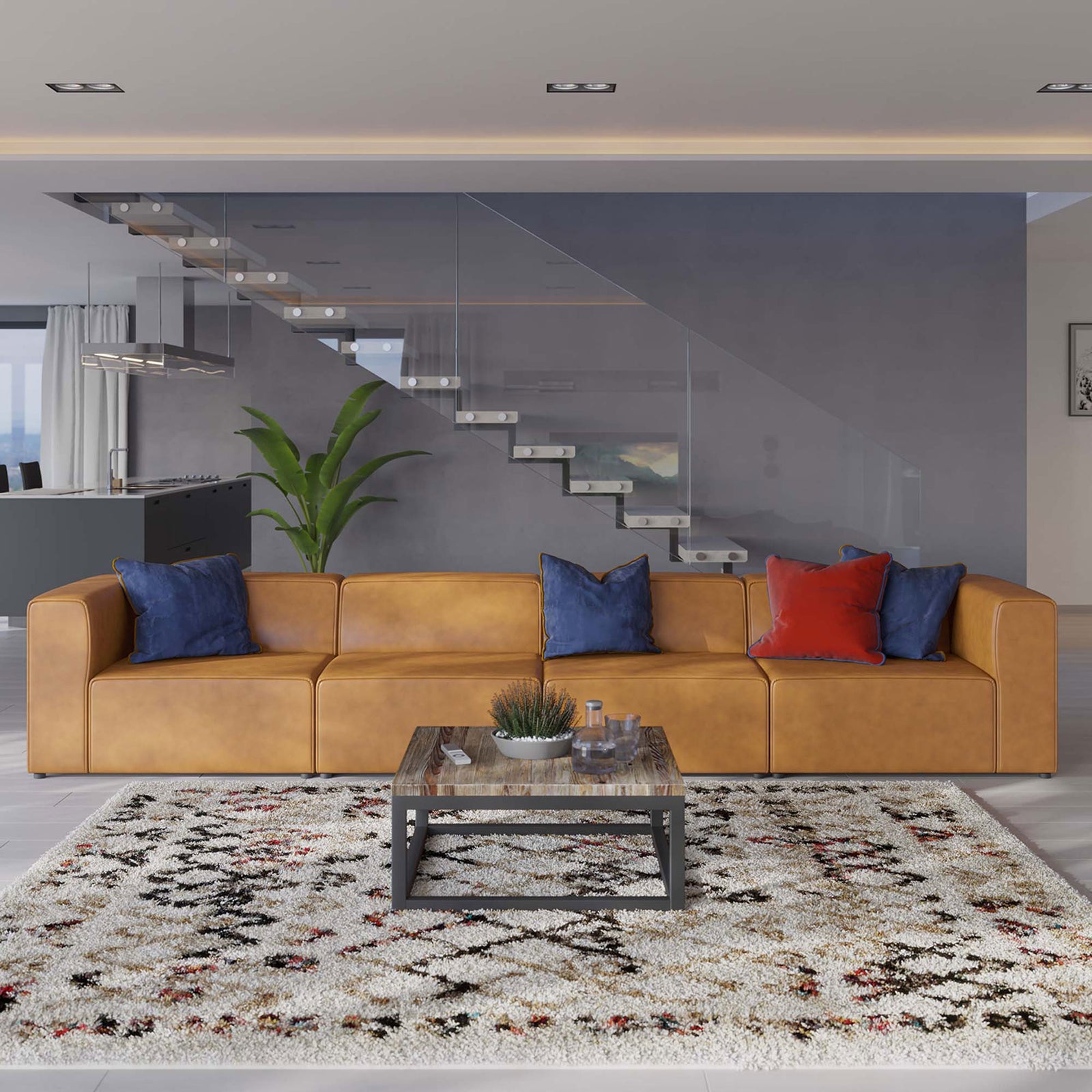 Tan vegan leather Mingle sectional anchored in a contemporary living room with pillows and rug || EEI-4793-TAN || front_angle_room
