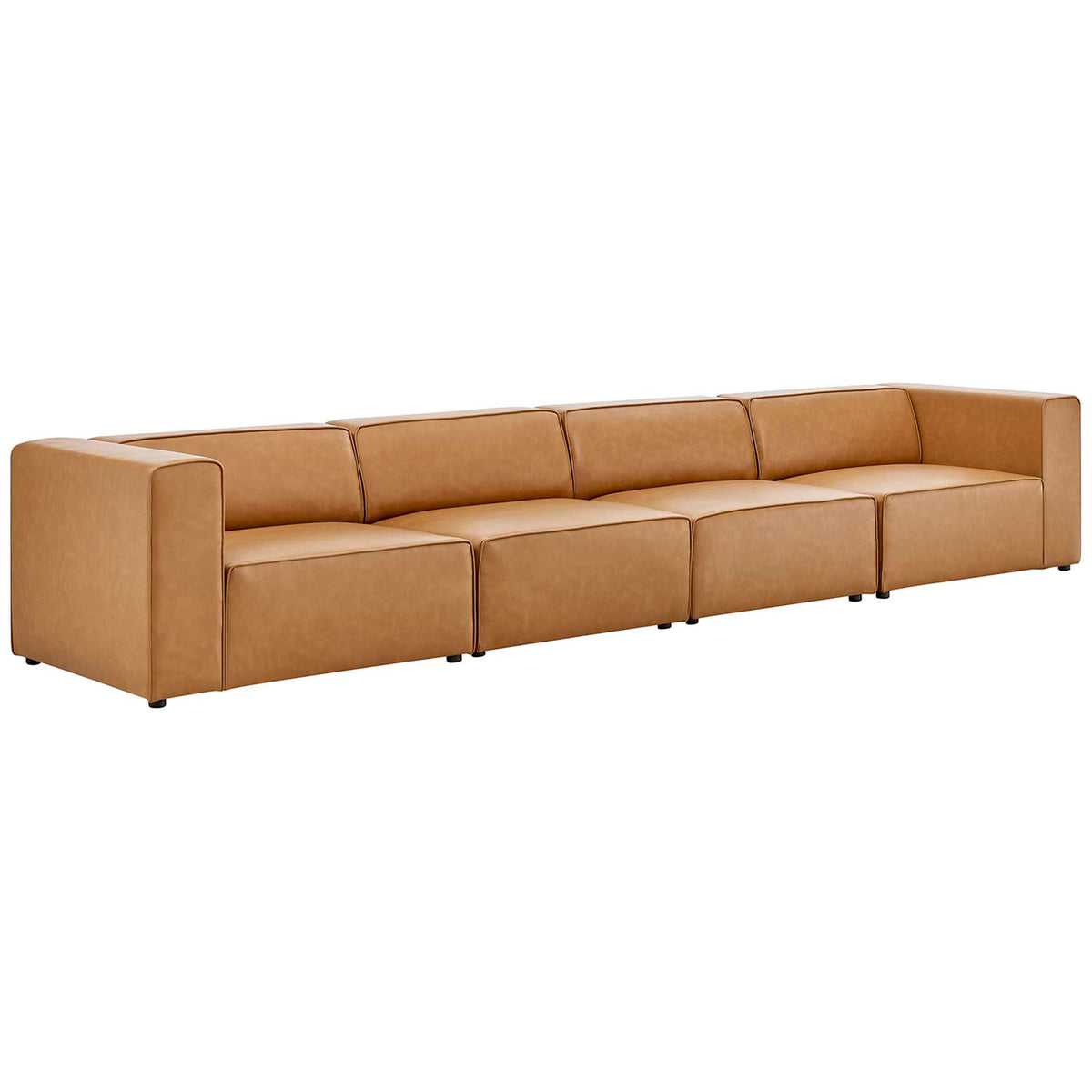 Long tan vegan leather sectional with low profile silhouette and inviting deep cushioned seats || EEI-4793-TAN || front_angle_studio