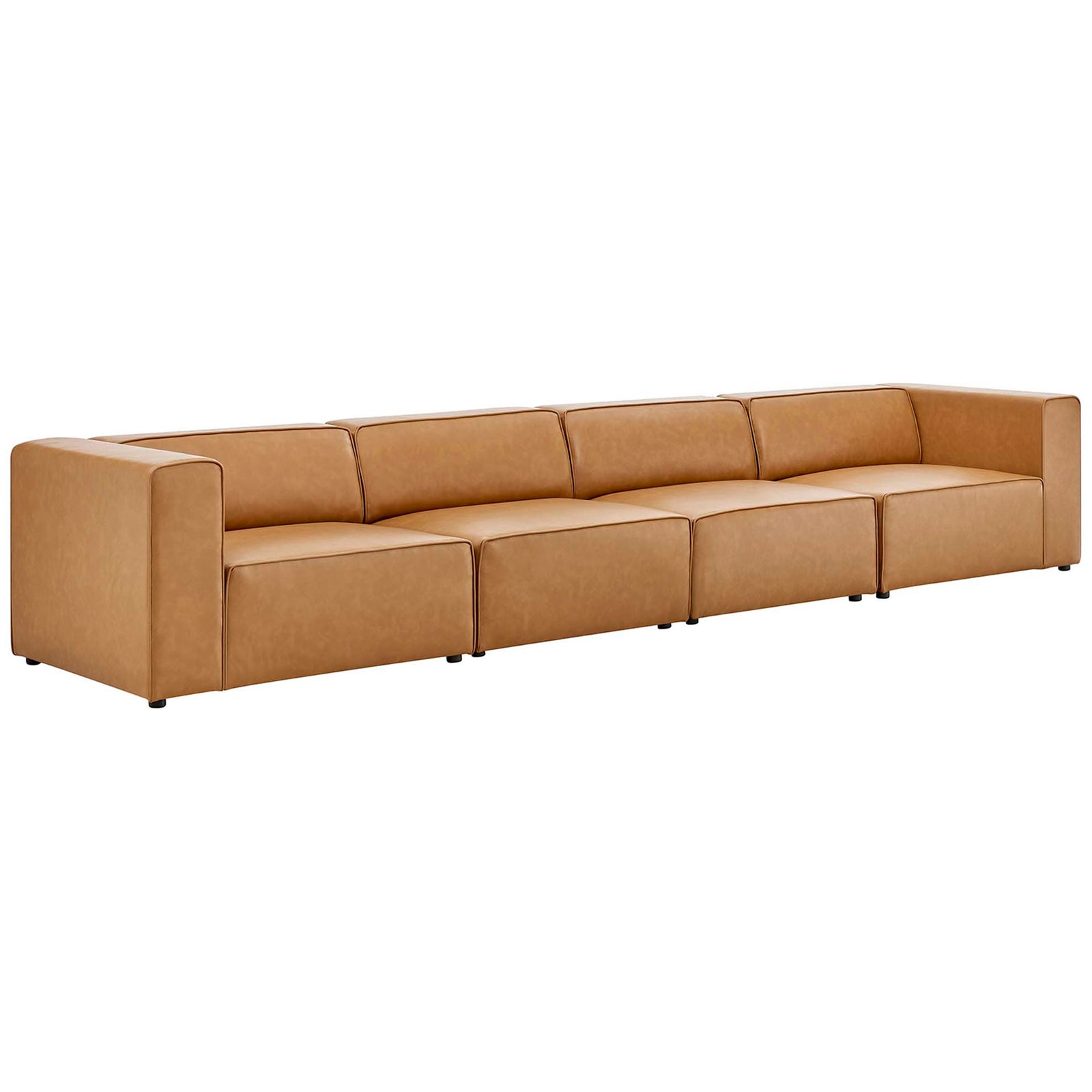 Long tan vegan leather sectional with low profile silhouette and inviting deep cushioned seats || EEI-4793-TAN || front_angle_studio