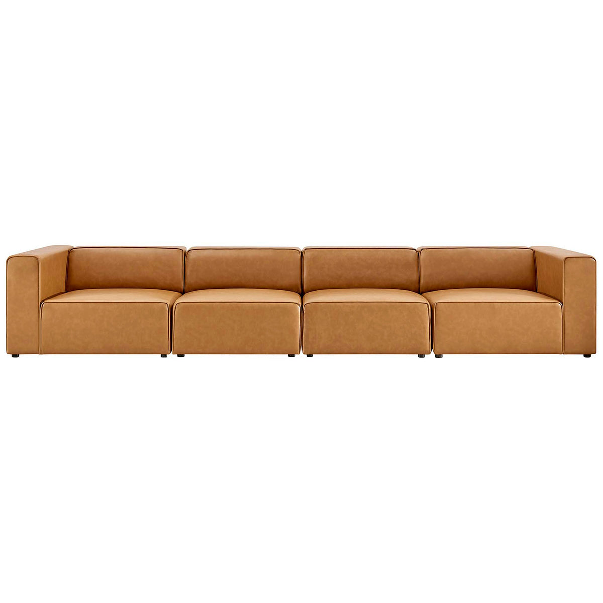 Four piece Mingle sectional lined in smooth tan vegan leather with clean modern block styling || EEI-4793-TAN || front_studio