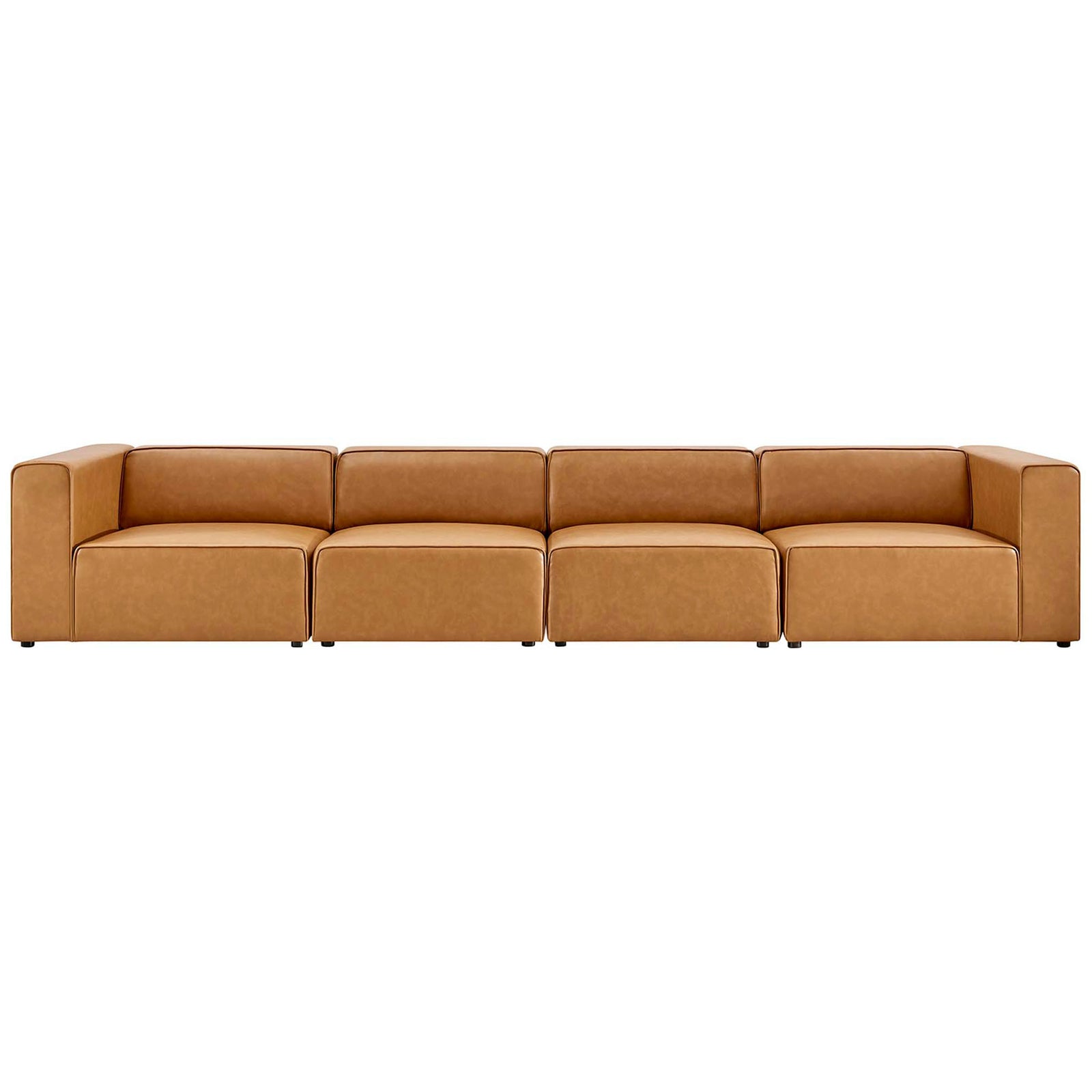 Four piece Mingle sectional lined in smooth tan vegan leather with clean modern block styling || EEI-4793-TAN || front_studio