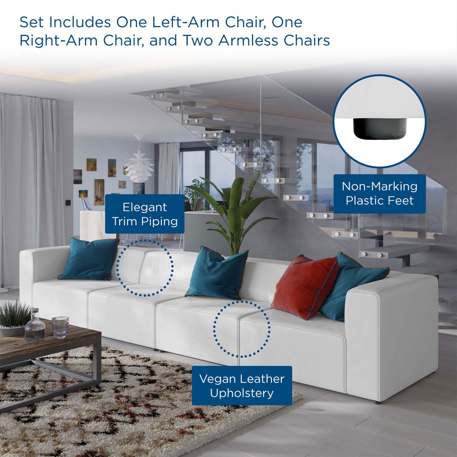 White vegan leather sectional sofa in a modern living room with trim piping and non-marking plastic feet || EEI-4793-WHI || callout_room
