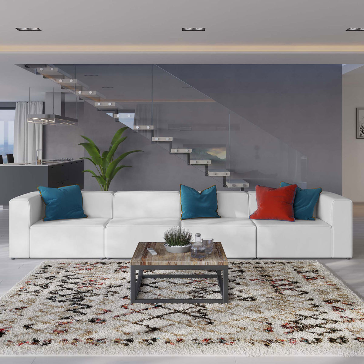 White vegan leather 4-piece sectional sofa styled with colorful throw pillows in a bright contemporary living room || EEI-4793-WHI || front_room