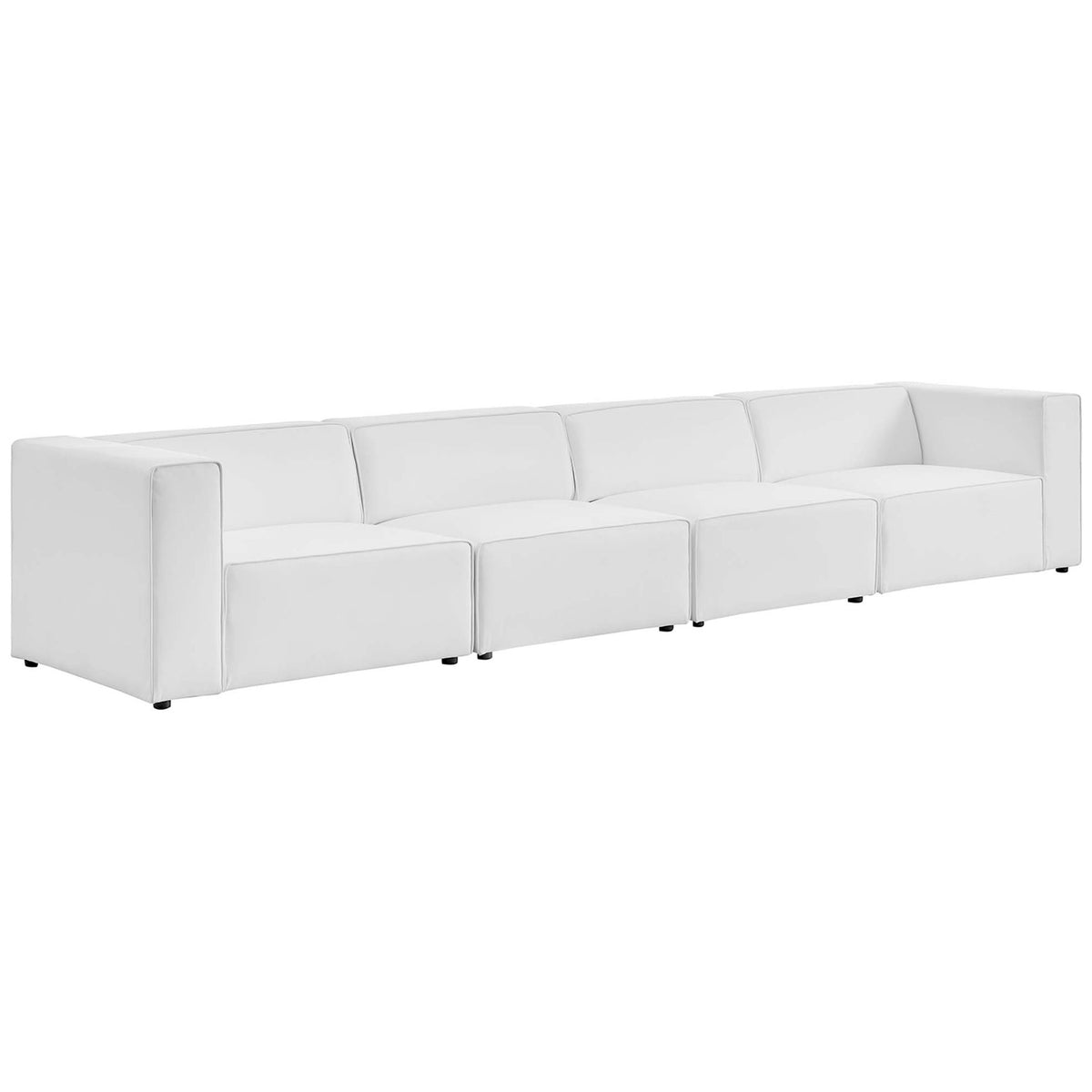 Extra-long white vegan leather modular sectional sofa with four plush seats, tailored piping, and low black feet || EEI-4793-WHI || front_angle_studio