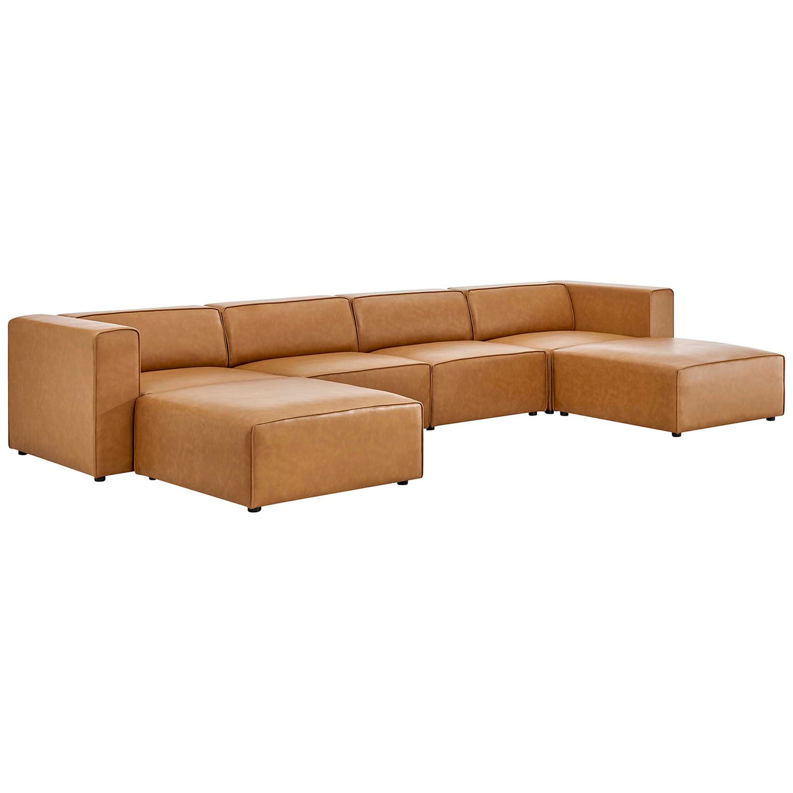 Spacious tan vegan leather modular sectional with two ottomans and clean, low-profile lines for modern living rooms || EEI-4794-TAN || front_angle_studio