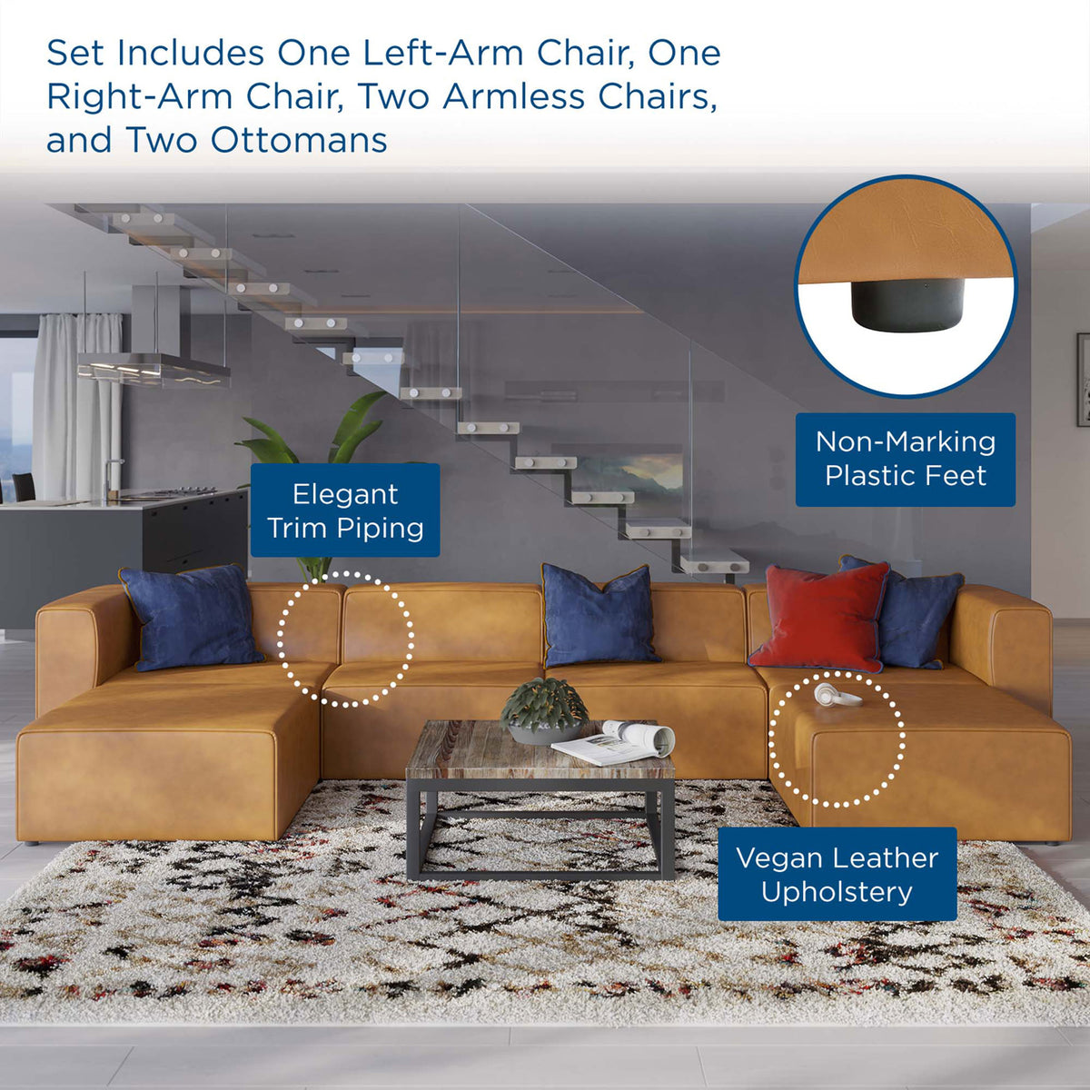 Tan vegan leather modular sofa set styled in a modern living room with highlighted comfort and durability features || EEI-4794-TAN || callout_room
