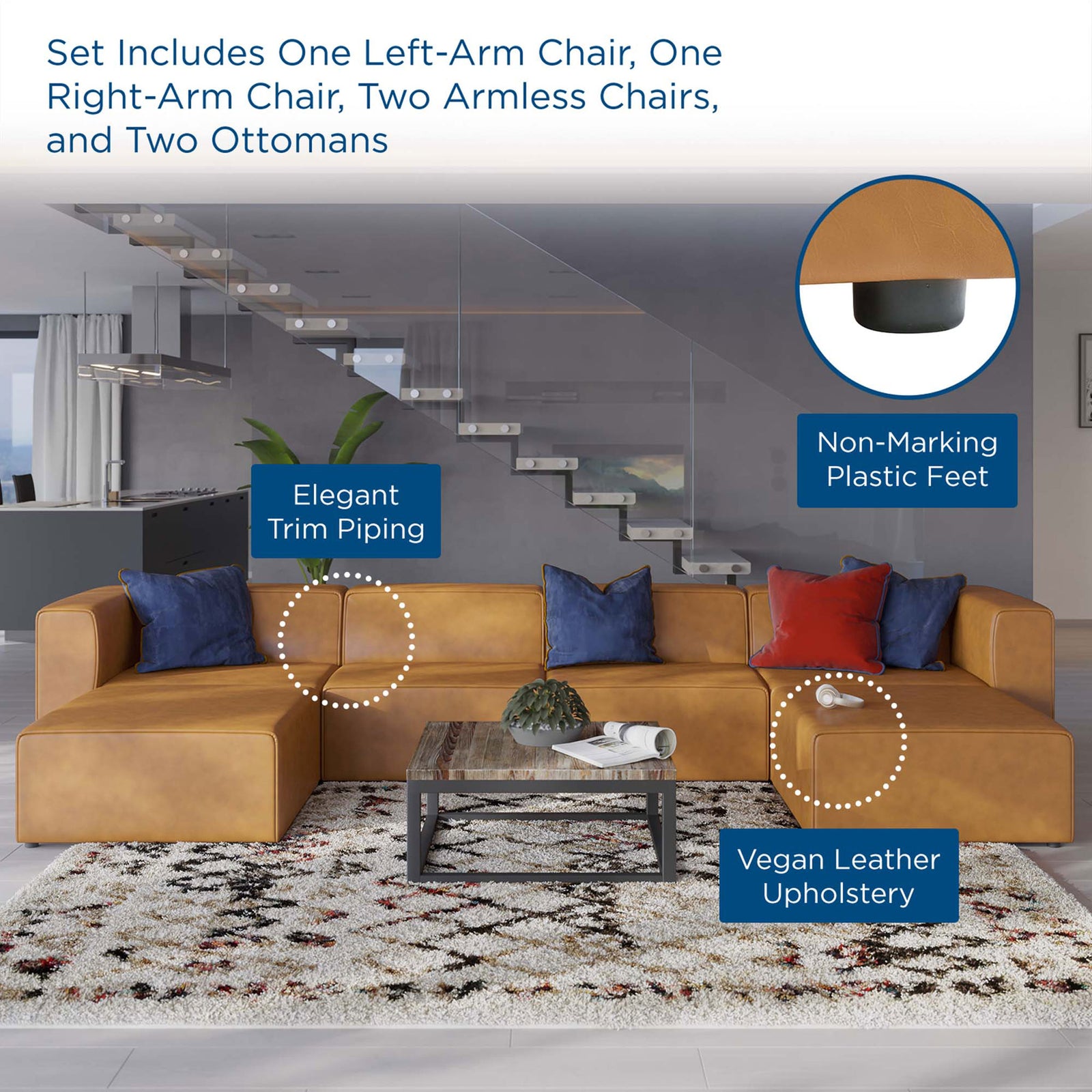 Tan vegan leather modular sofa set styled in a modern living room with highlighted comfort and durability features || EEI-4794-TAN || callout_room