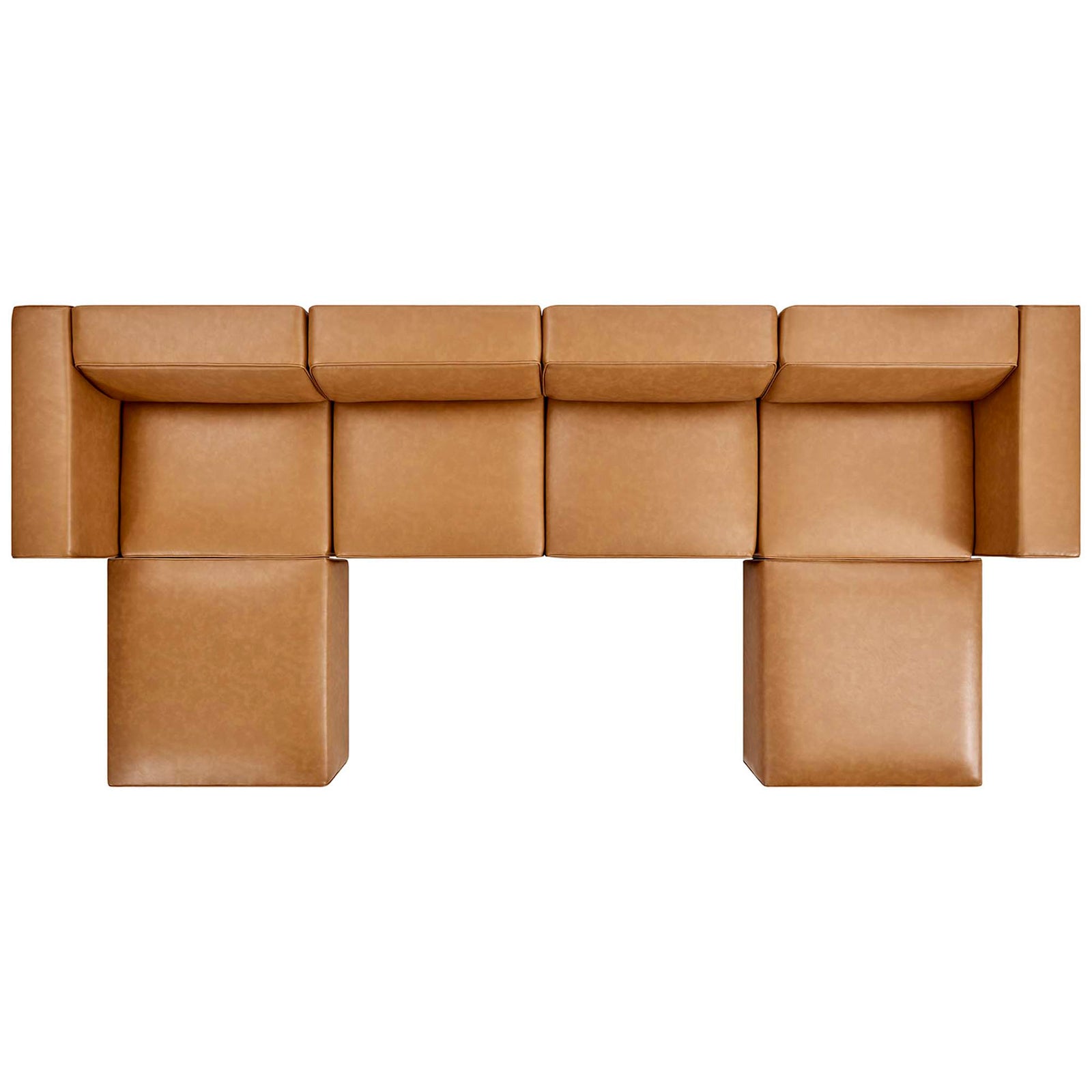 Tan vegan leather sectional and ottomans arranged in a generous modular layout that emphasizes wide, cushioned seating || EEI-4794-TAN || top_studio