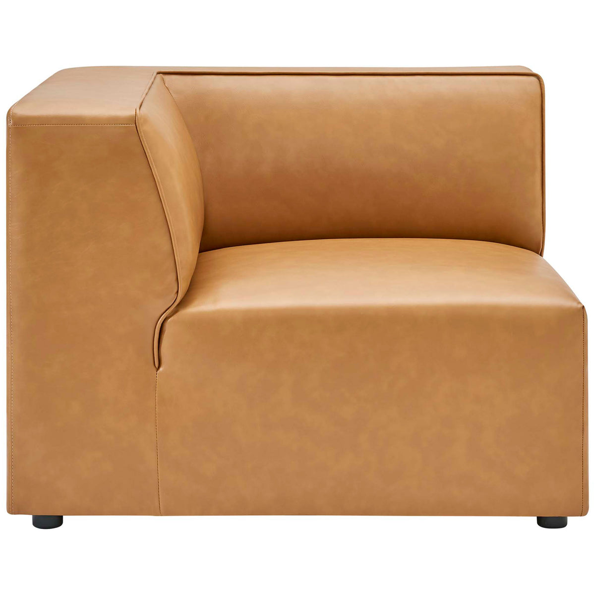 Side view of tan vegan leather corner sectional chair with thick cushioning and tailored seams || EEI-4795-TAN || side_partial_studio