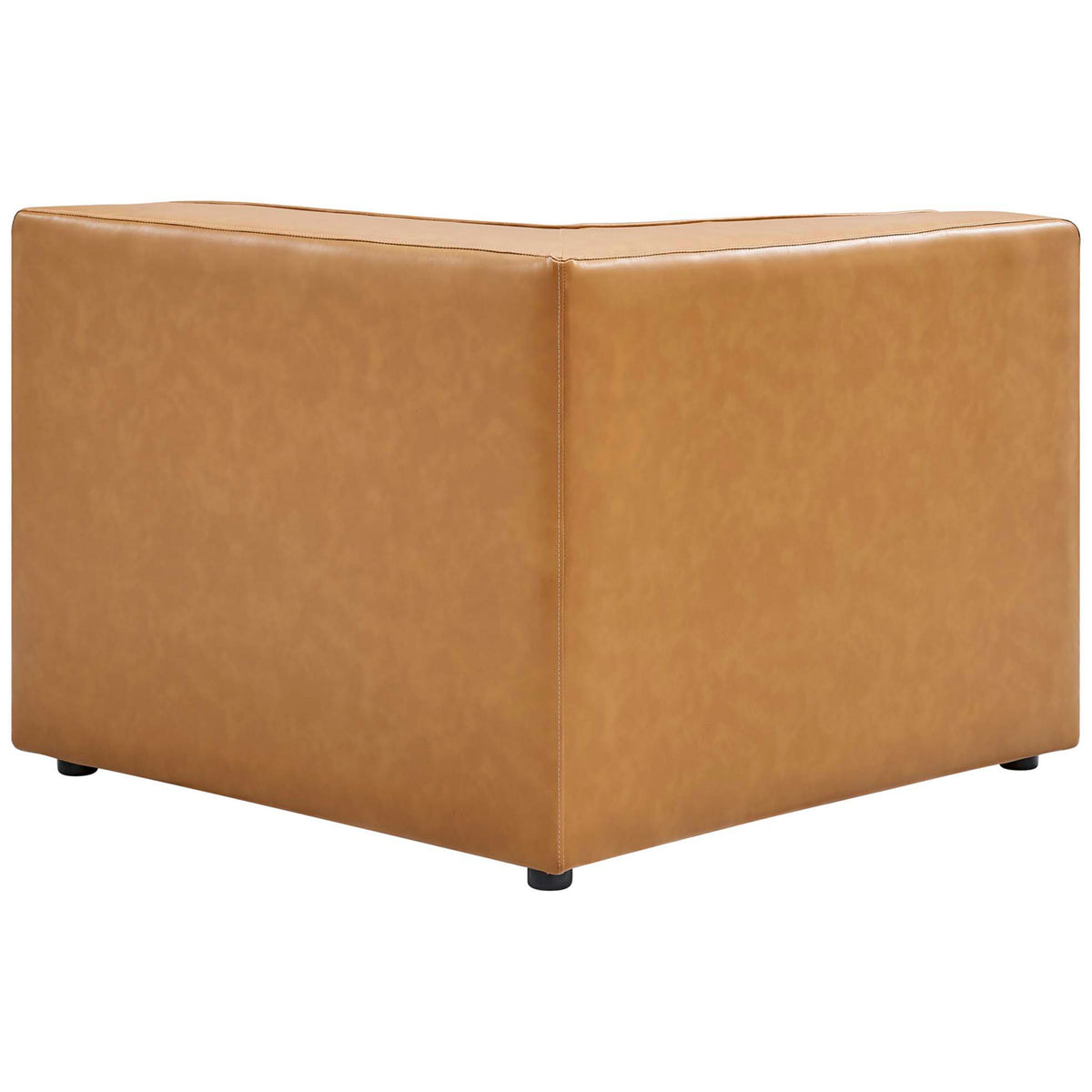 Back view of tan vegan leather corner sectional chair showing crisp lines and compact footprint || EEI-4795-TAN || back_angle_partial_studio
