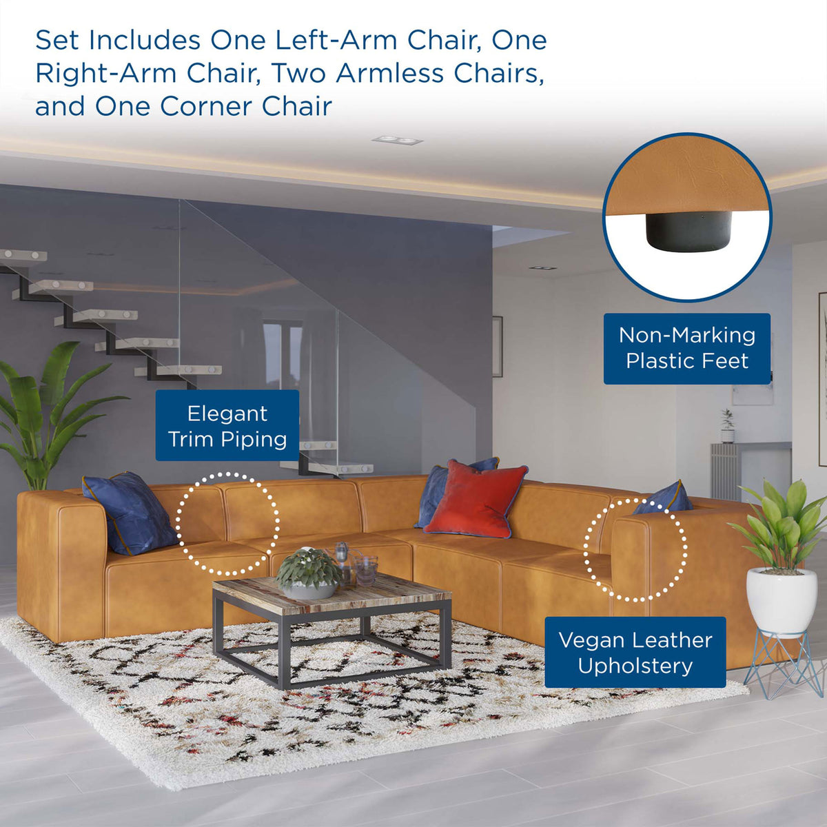 Tan vegan leather Mingle sectional sofa styled in a modern living room with highlighted features || EEI-4795-TAN || callout_room