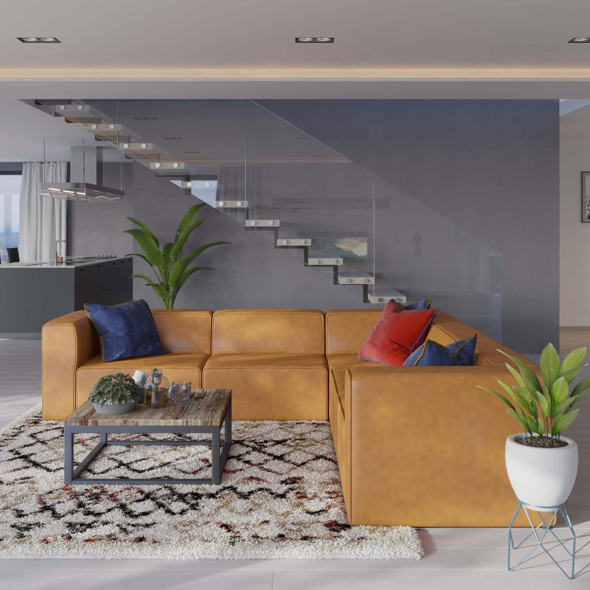 Tan vegan leather Mingle sectional sofa arranged in a contemporary living room with accent decor || EEI-4795-TAN || front_angle_room