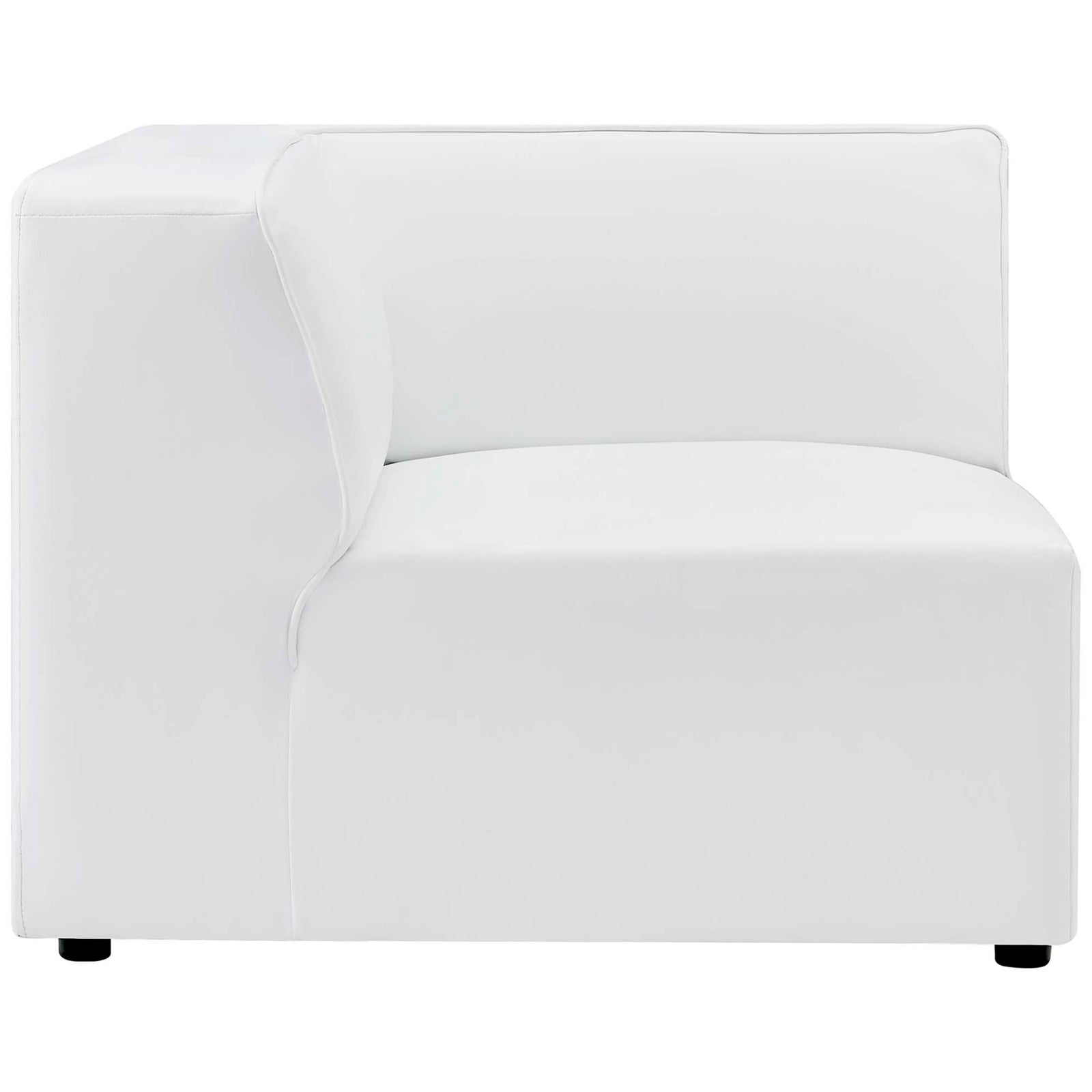 Corner sectional module in white vegan leather with gently contoured back and deep seating platform || EEI-4795-WHI || side_partial_studio
