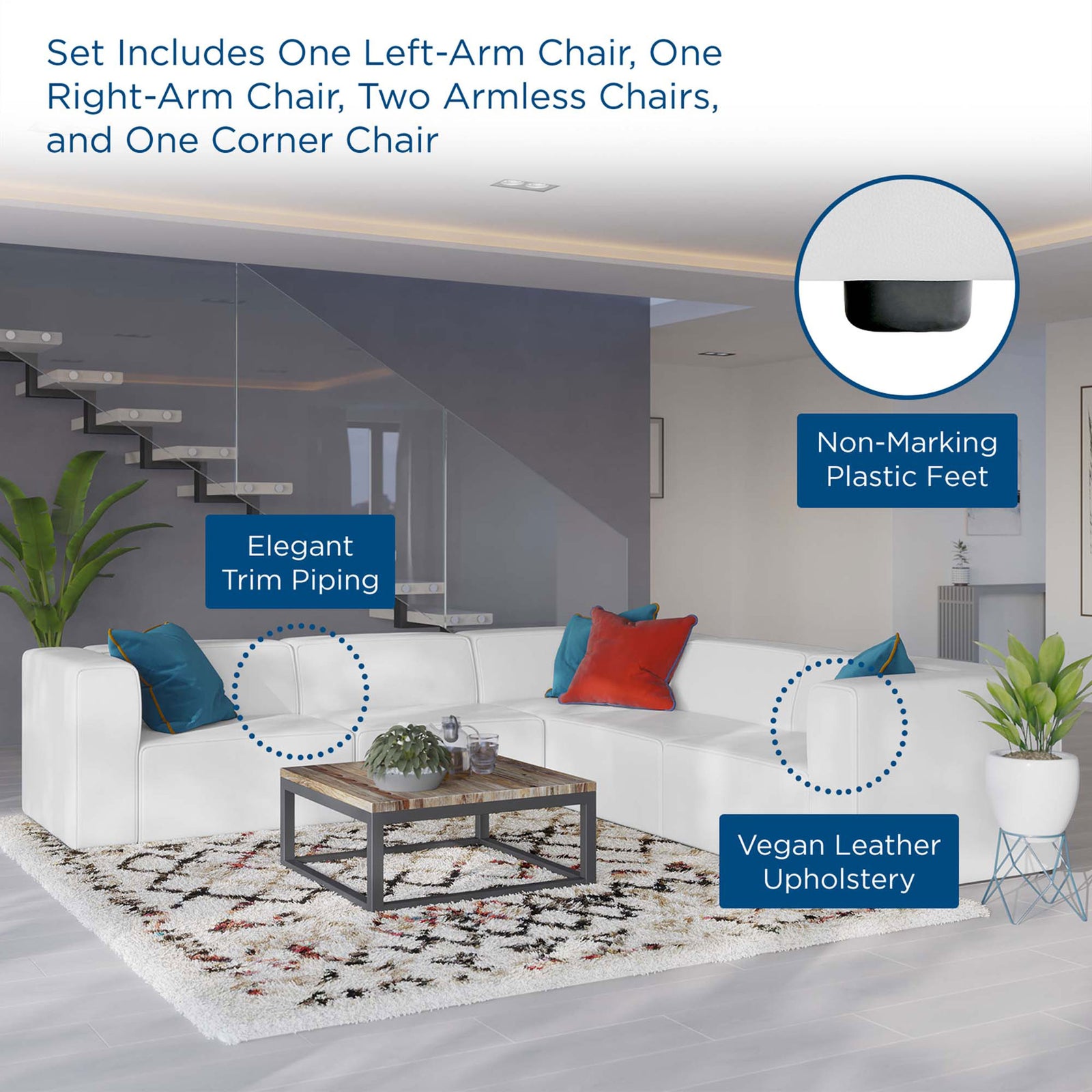 White vegan leather sectional in a contemporary living room styled with colorful pillows and accent decor || EEI-4795-WHI || callout_room